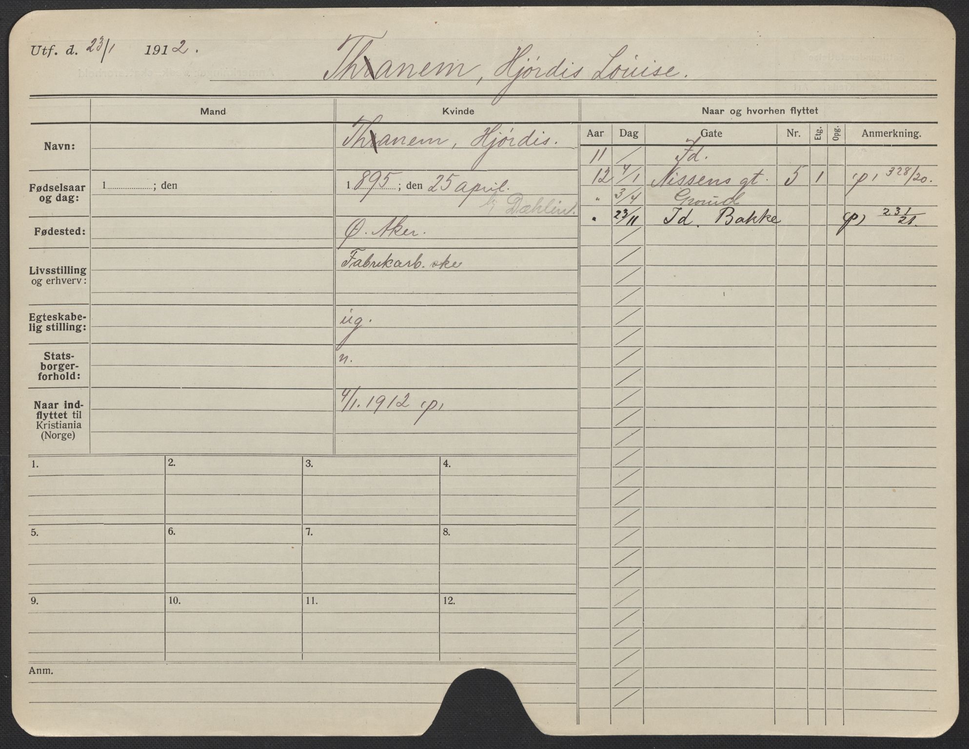 Oslo folkeregister, Registerkort, AV/SAO-A-11715/F/Fa/Fac/L0024: Kvinner, 1906-1914, p. 1004a