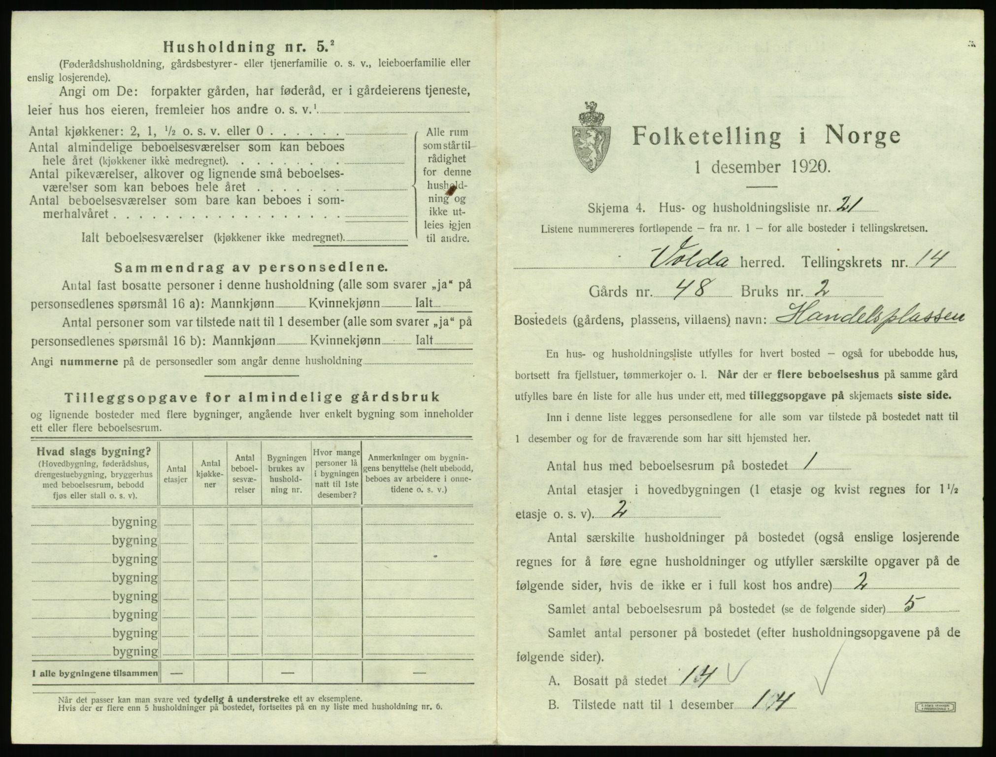 SAT, 1920 census for Volda, 1920, p. 1138