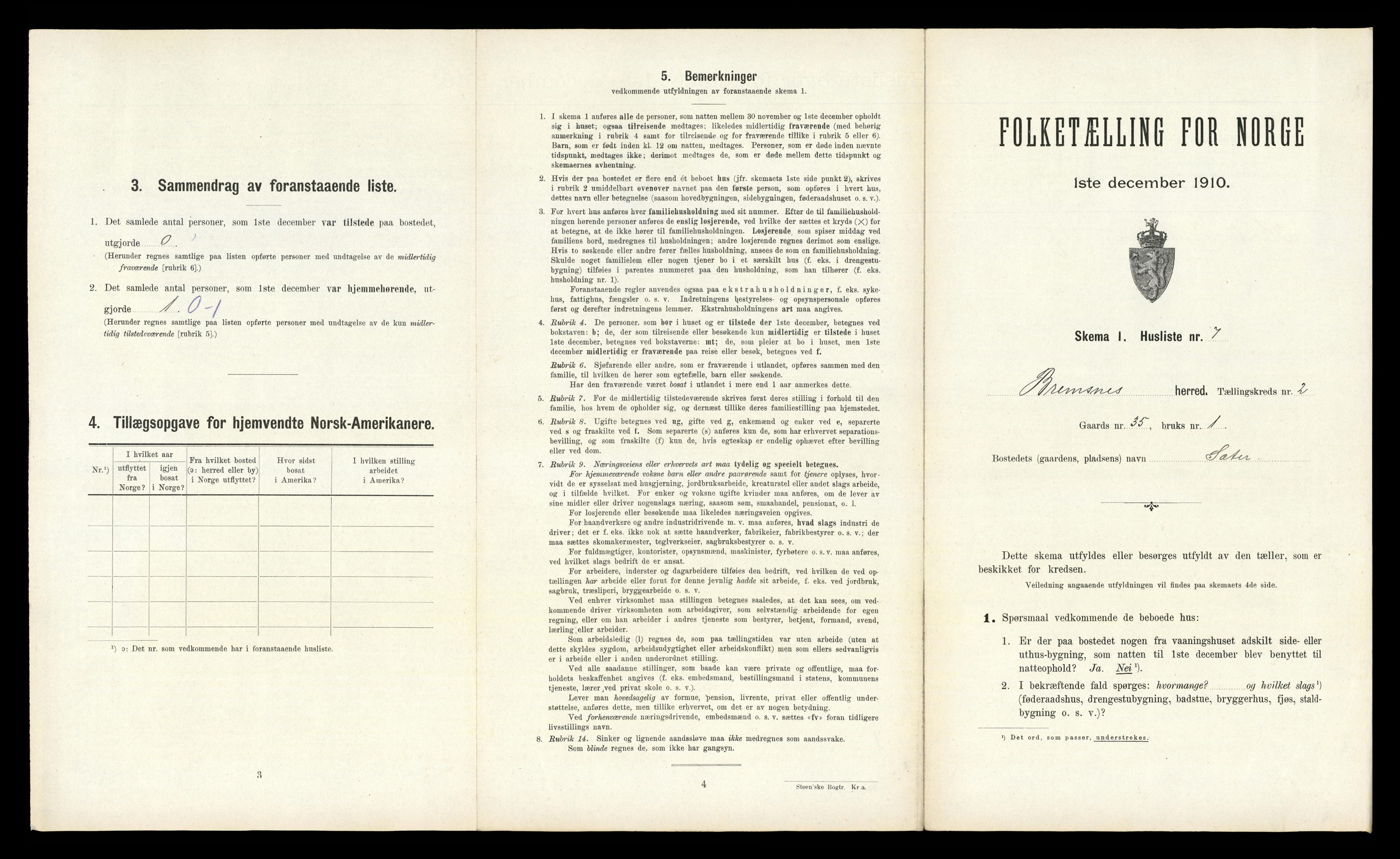 RA, 1910 census for Bremsnes, 1910, p. 250