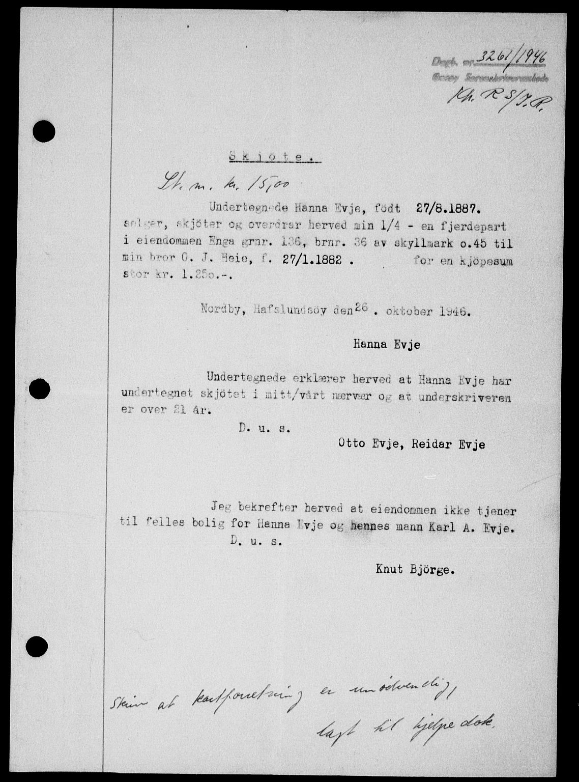 Onsøy sorenskriveri, SAO/A-10474/G/Ga/Gab/L0018: Mortgage book no. II A-18, 1946-1947, Diary no: : 3261/1946