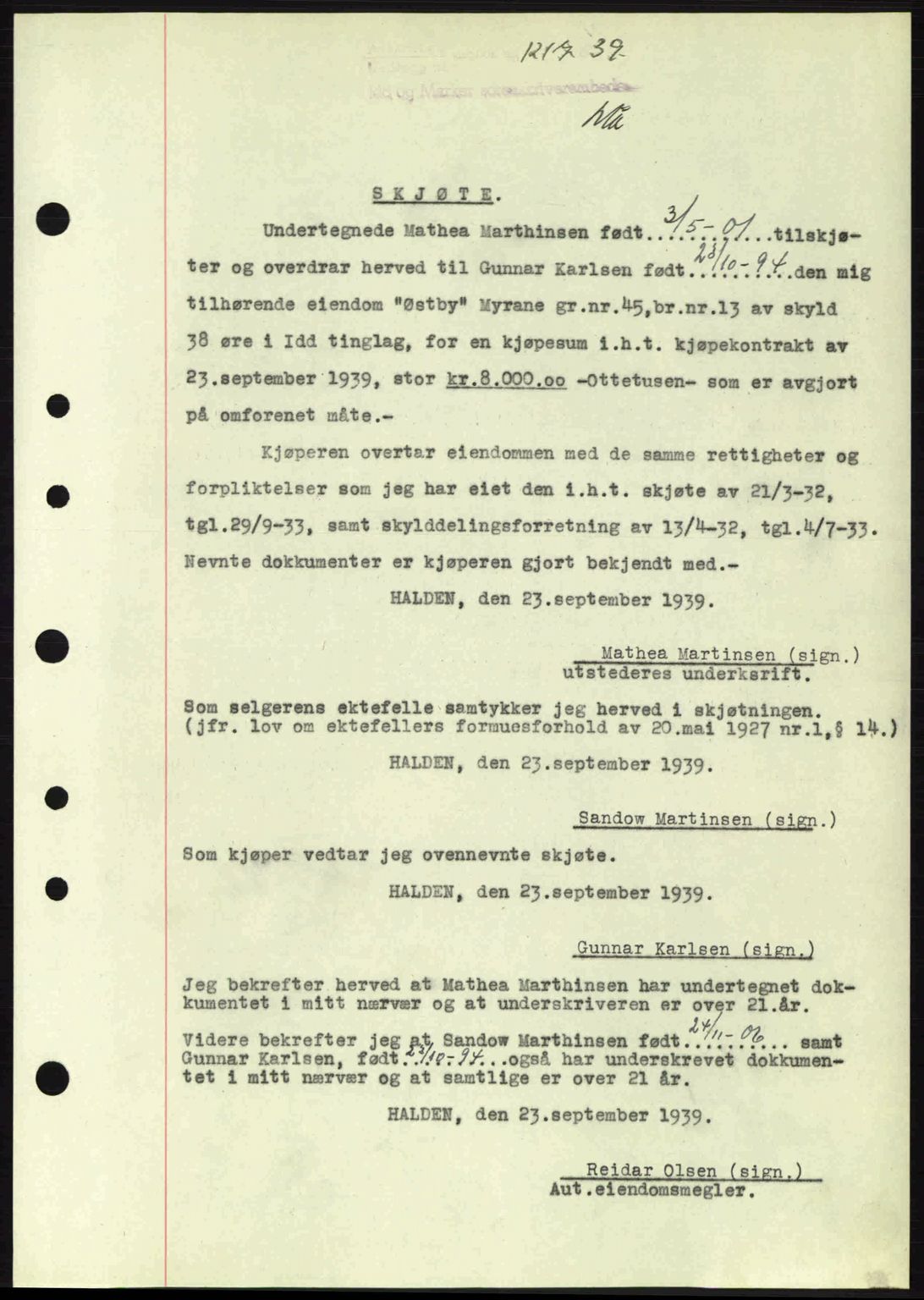 Idd og Marker sorenskriveri, AV/SAO-A-10283/G/Gb/Gbb/L0003: Mortgage book no. A3, 1938-1939, Diary no: : 1217/1939