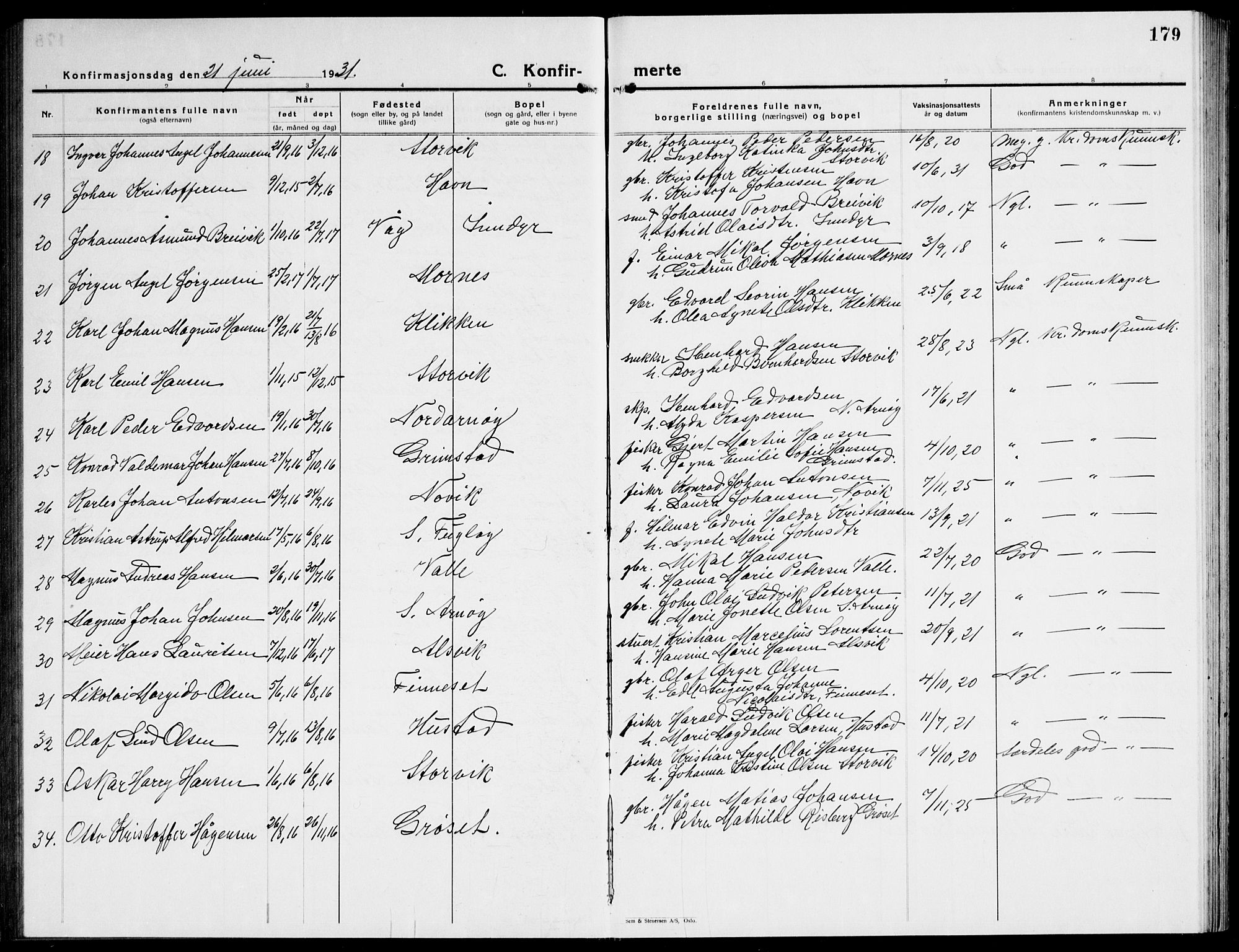 Ministerialprotokoller, klokkerbøker og fødselsregistre - Nordland, AV/SAT-A-1459/805/L0111: Parish register (copy) no. 805C07, 1925-1943, p. 179