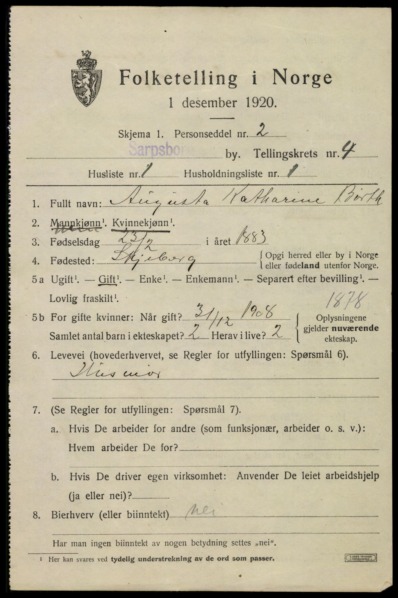 SAO, 1920 census for Sarpsborg, 1920, p. 11814