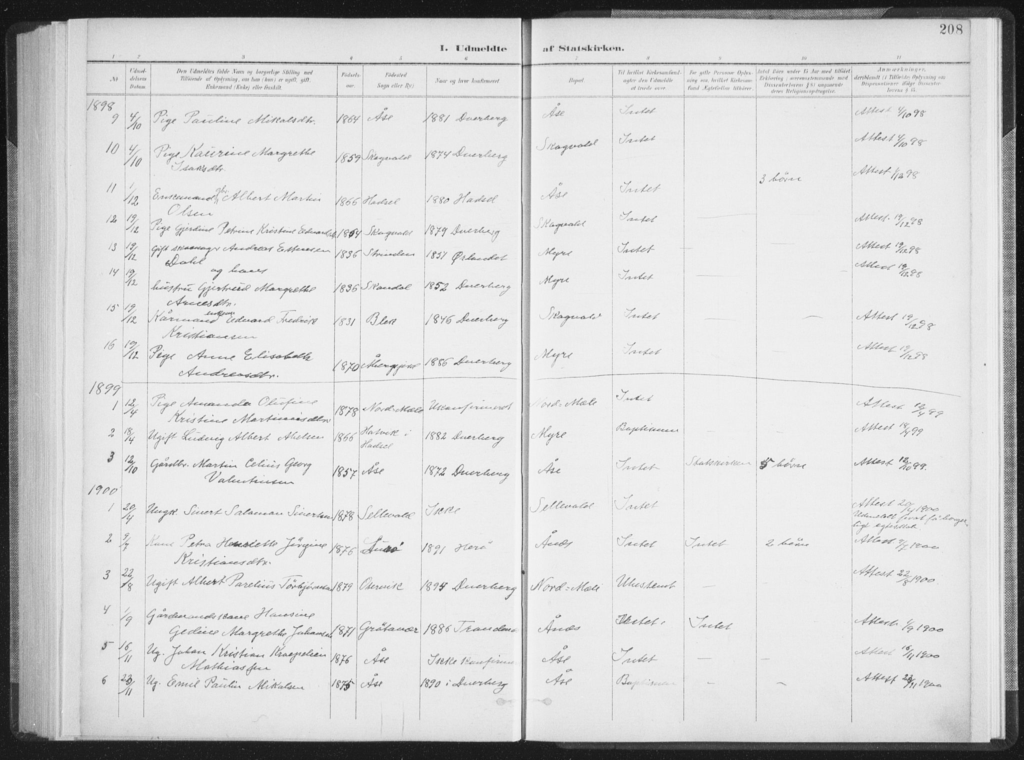 Ministerialprotokoller, klokkerbøker og fødselsregistre - Nordland, SAT/A-1459/897/L1400: Parish register (official) no. 897A07, 1897-1908, p. 208