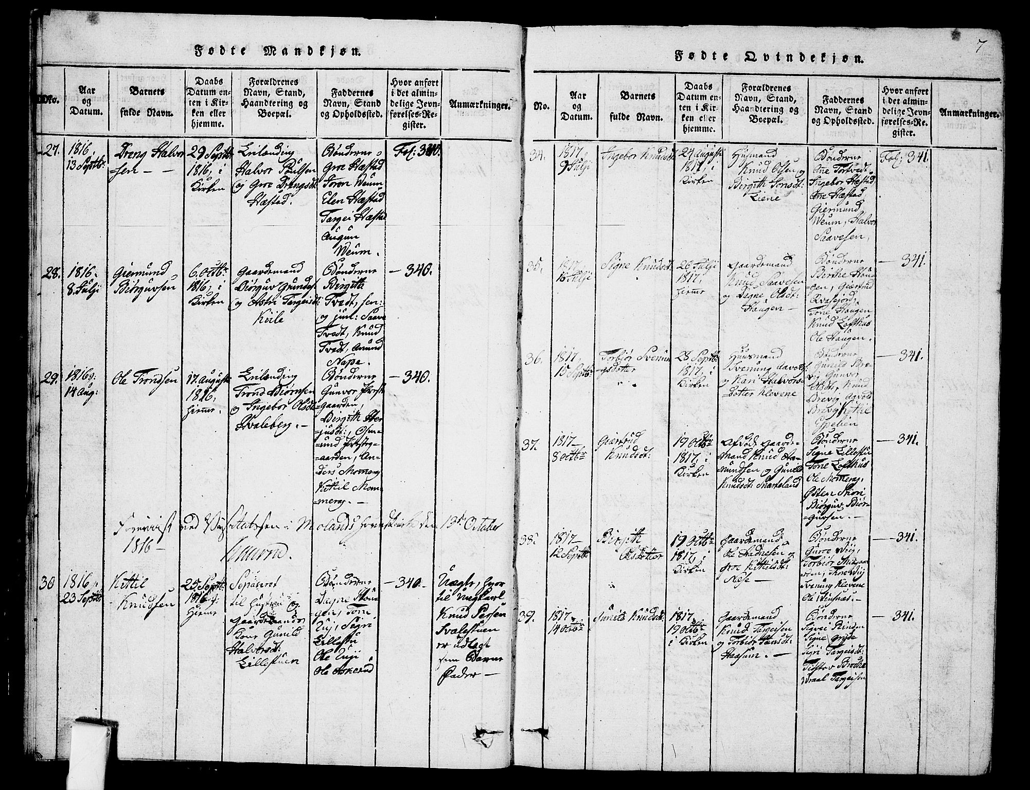 Fyresdal kirkebøker, SAKO/A-263/G/Ga/L0001: Parish register (copy) no. I 1, 1816-1840, p. 7