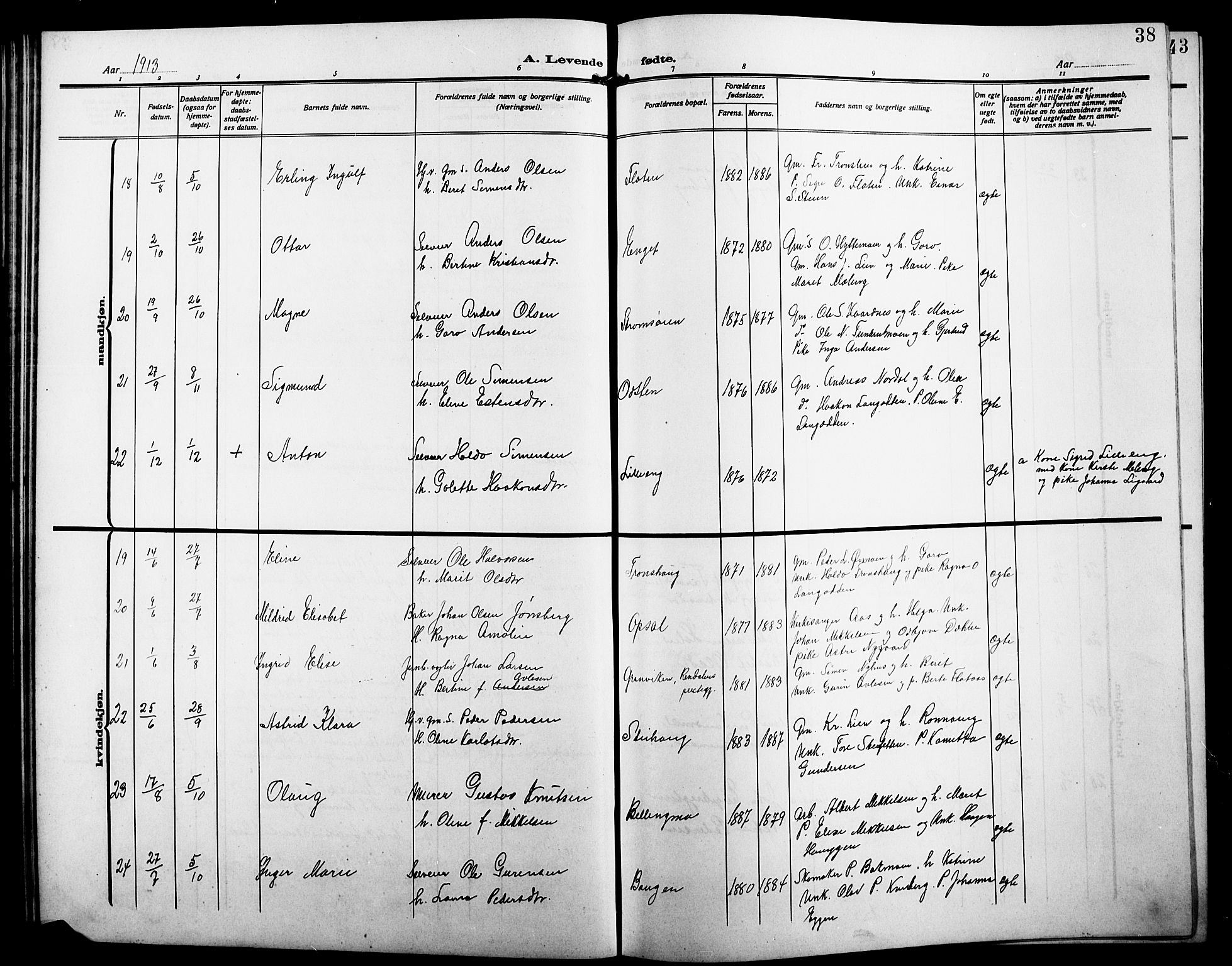 Alvdal prestekontor, AV/SAH-PREST-060/H/Ha/Hab/L0005: Parish register (copy) no. 5, 1908-1923, p. 38