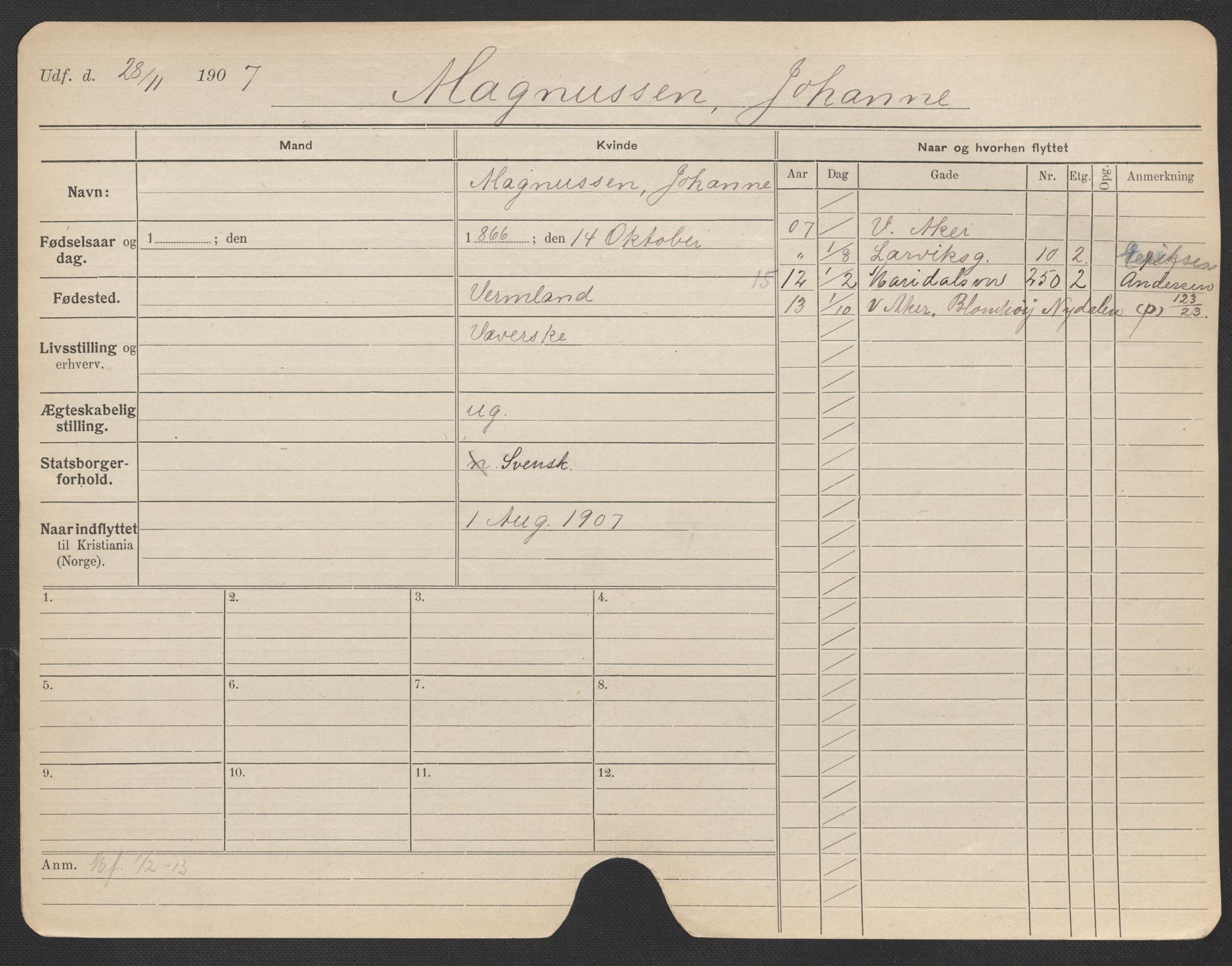 Oslo folkeregister, Registerkort, AV/SAO-A-11715/F/Fa/Fac/L0020: Kvinner, 1906-1914, p. 525a