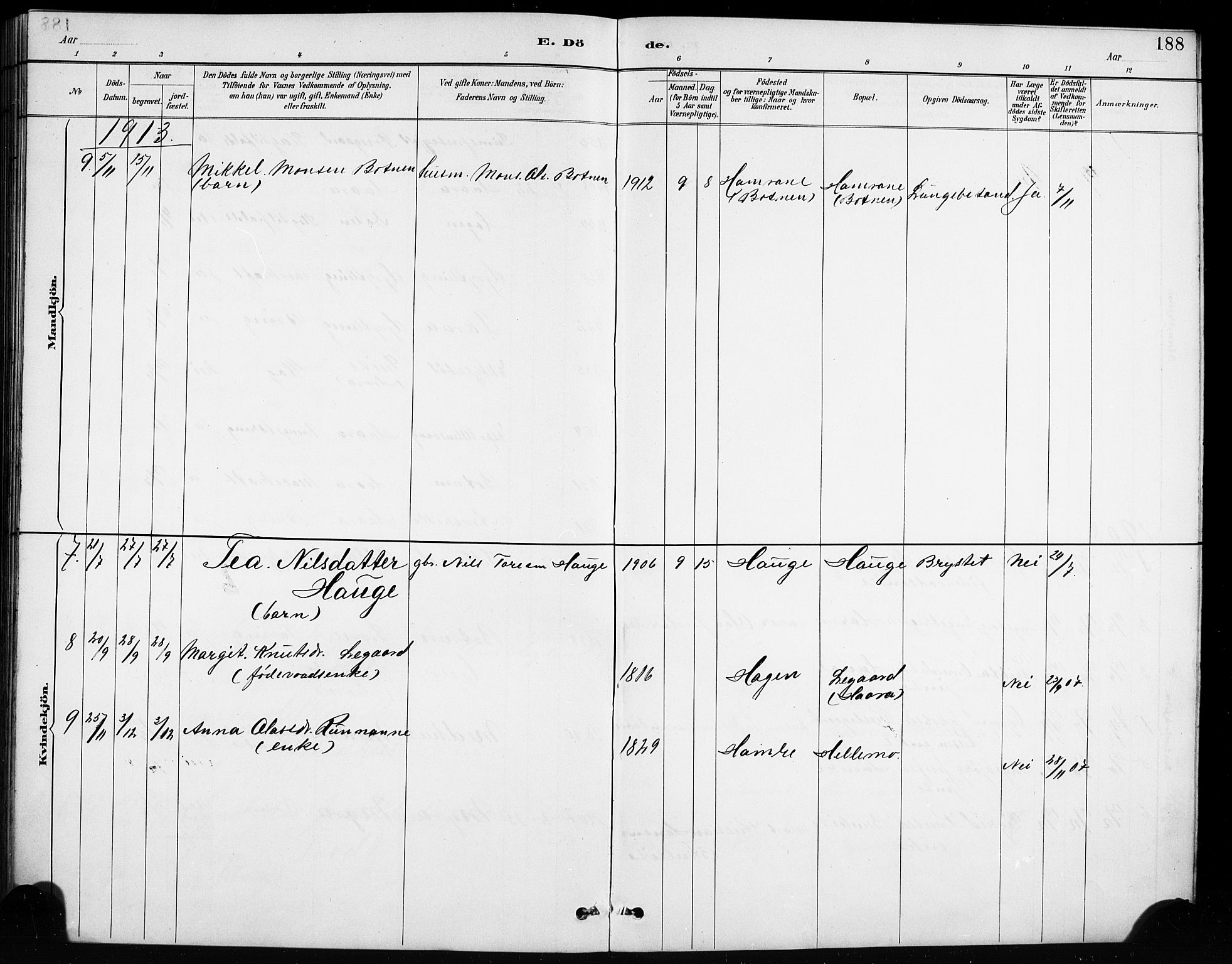 Røldal sokneprestembete, SAB/A-100247: Parish register (copy) no. A 3, 1887-1917, p. 188
