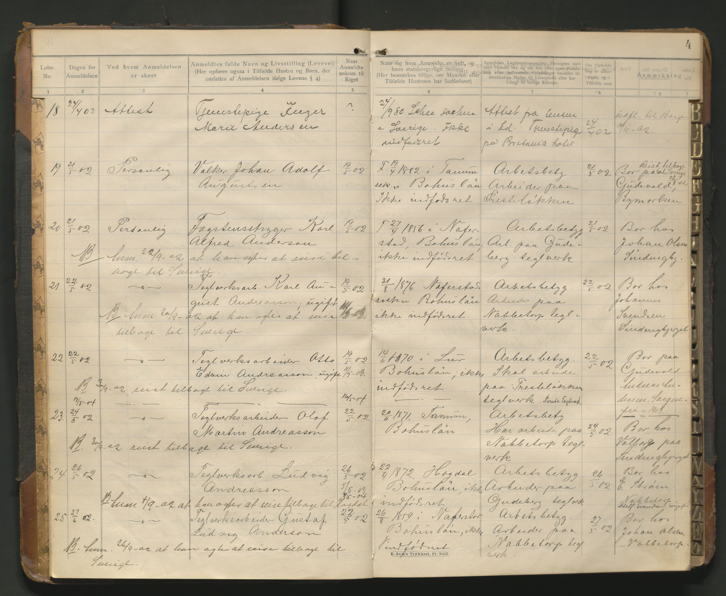 Fredrikstad politikammer, AV/SAO-A-10055/H/Hb/Hba/L0001: Protokoll over fremmede statsborgere, 1901-1916, p. 3b-4a