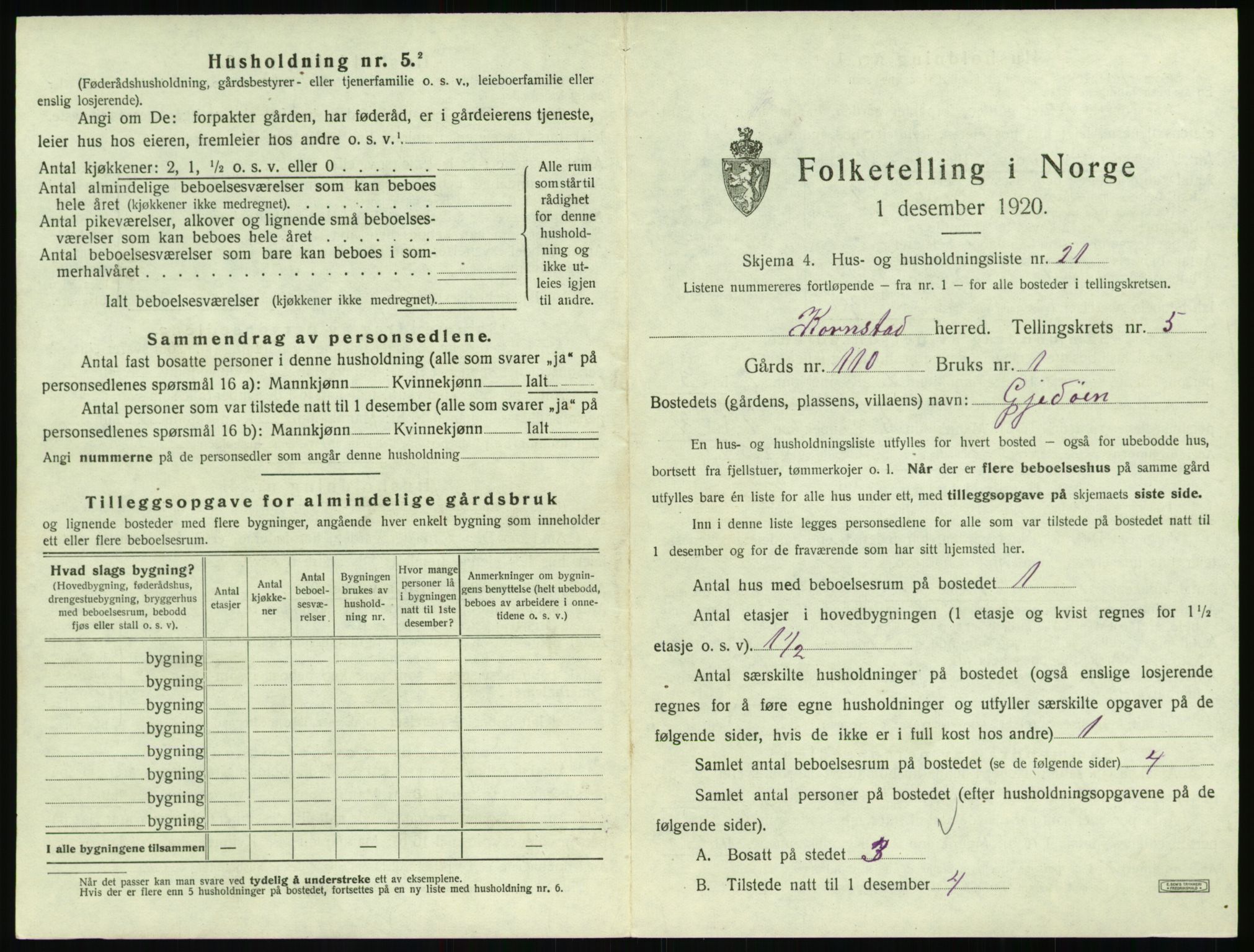 SAT, 1920 census for Kornstad, 1920, p. 405