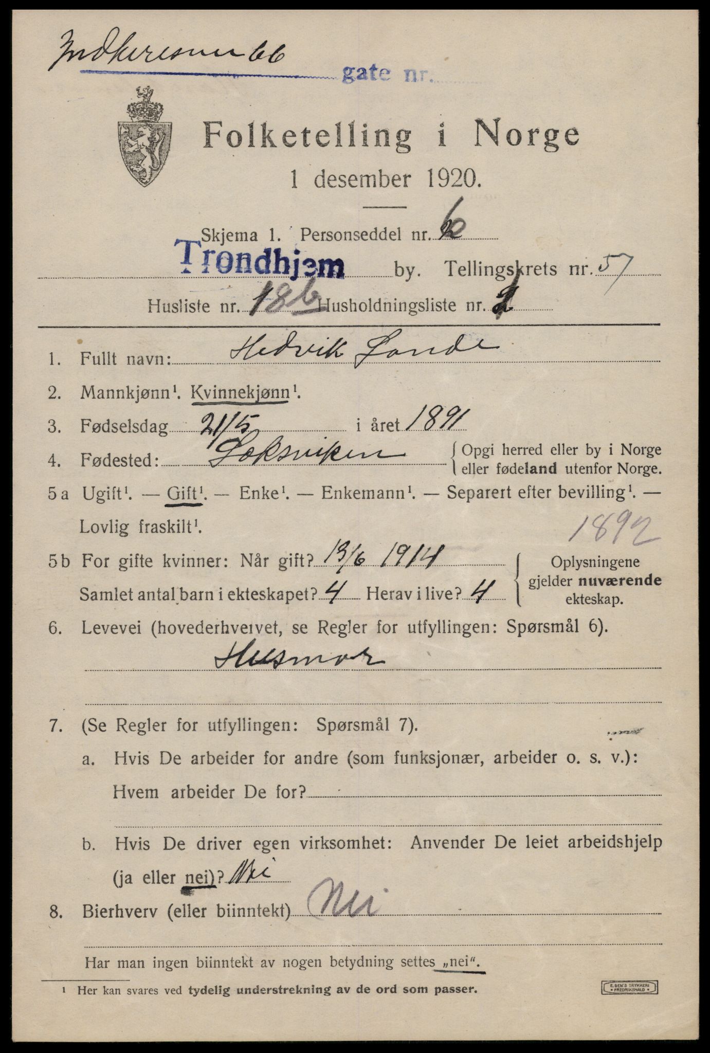 SAT, 1920 census for Trondheim, 1920, p. 113136