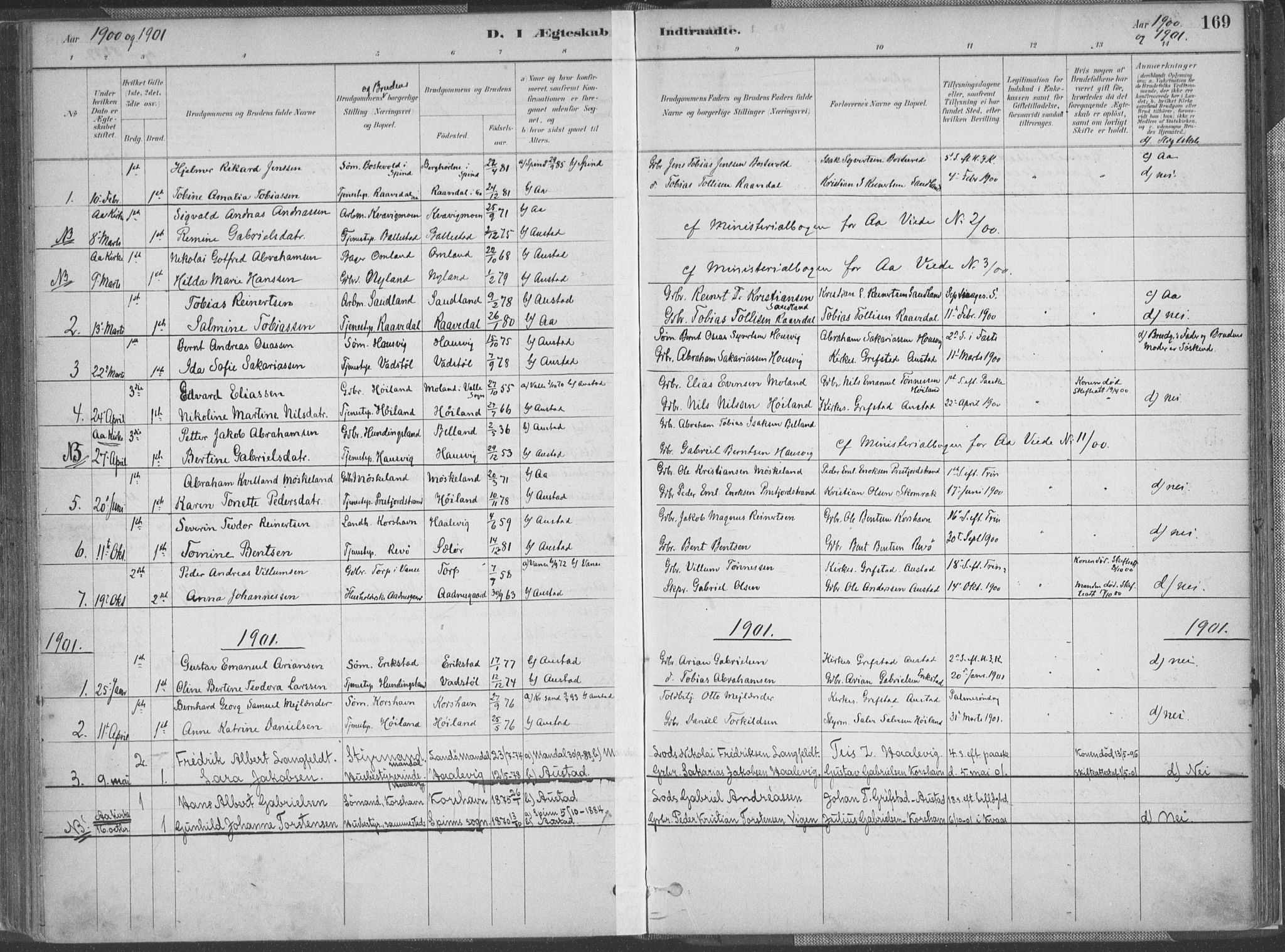 Lyngdal sokneprestkontor, SAK/1111-0029/F/Fa/Faa/L0004: Parish register (official) no. A 4, 1883-1904, p. 169