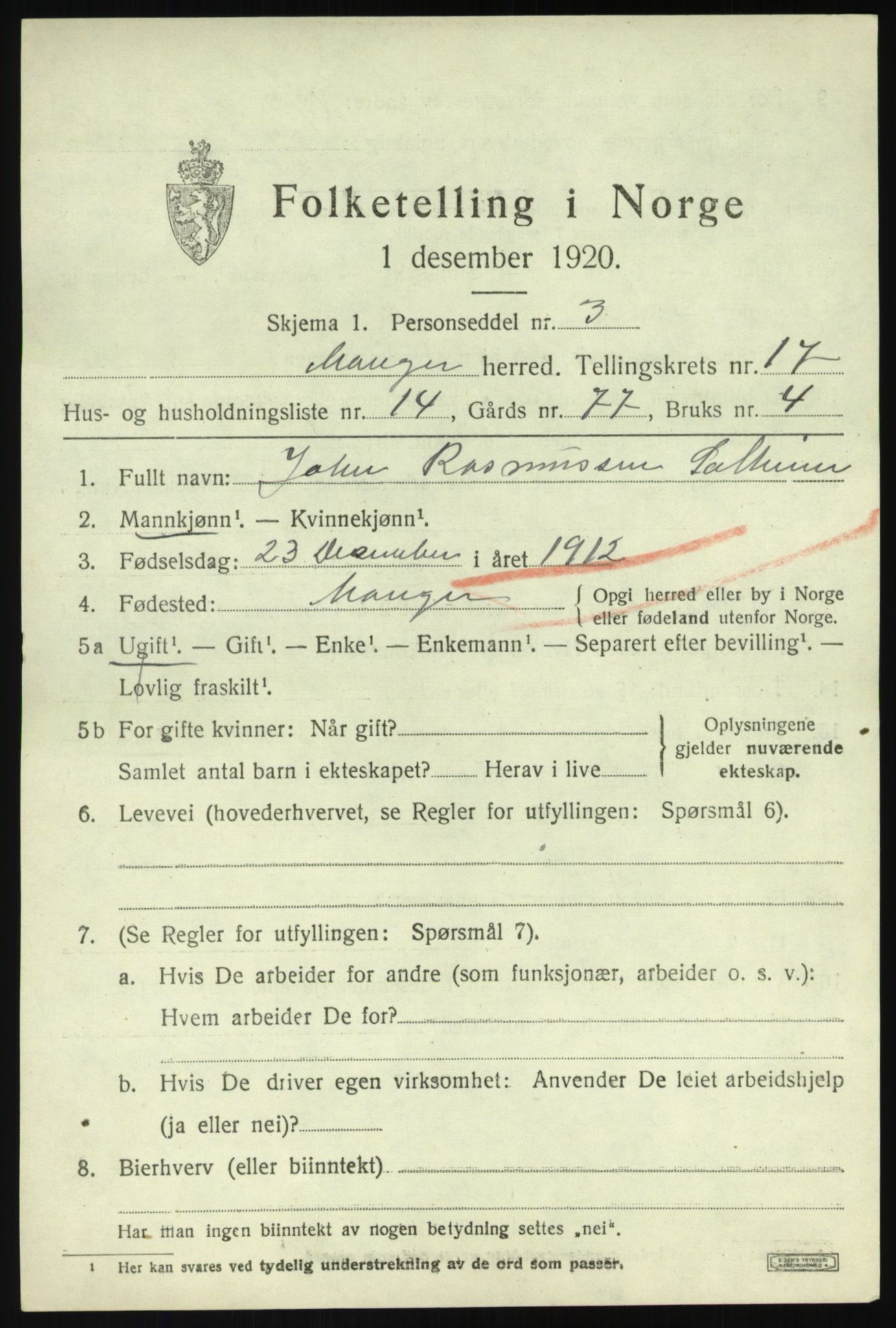 SAB, 1920 census for Manger, 1920, p. 9720