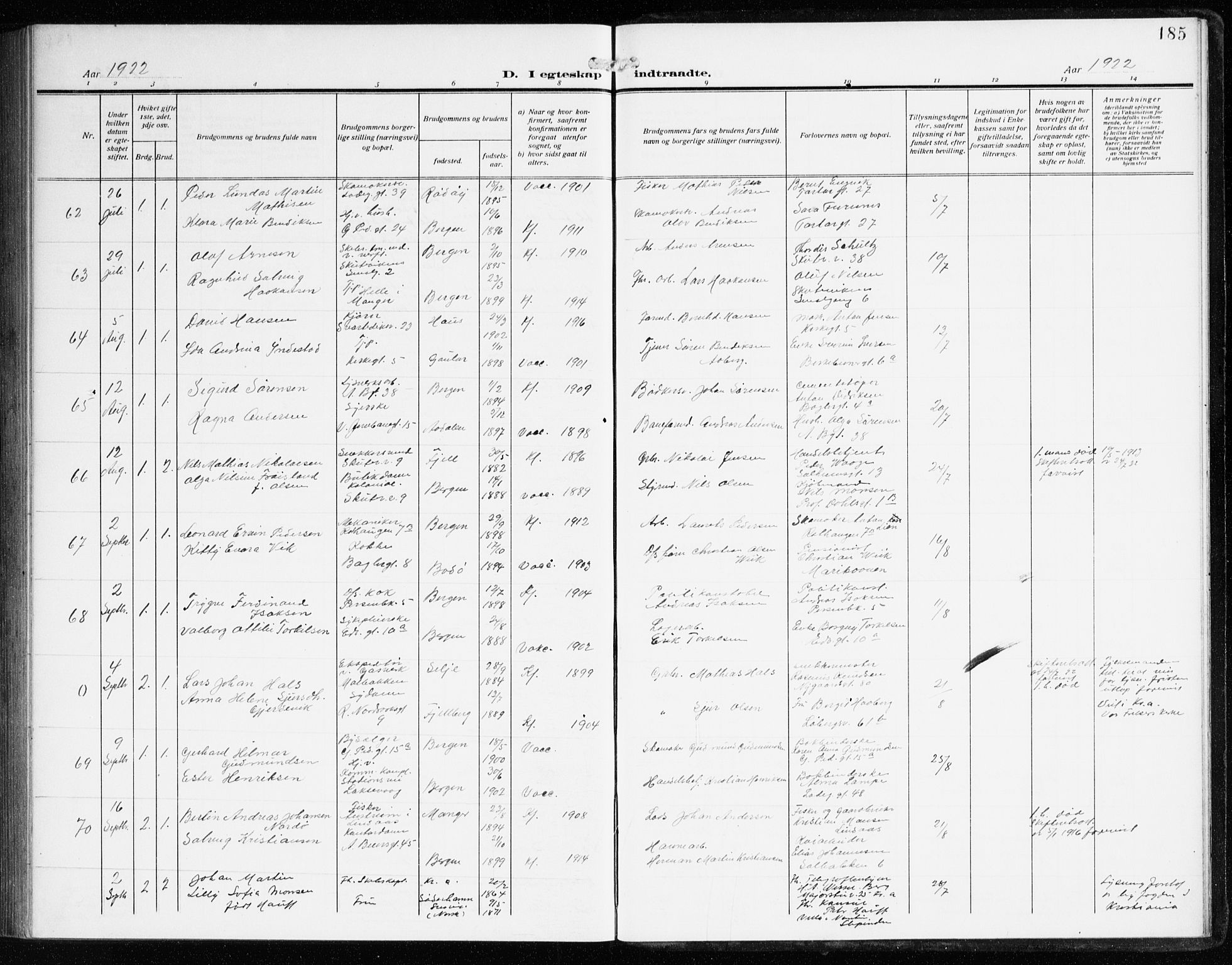 Sandviken Sokneprestembete, AV/SAB-A-77601/H/Ha/L0015: Parish register (official) no. D 2, 1911-1923, p. 185