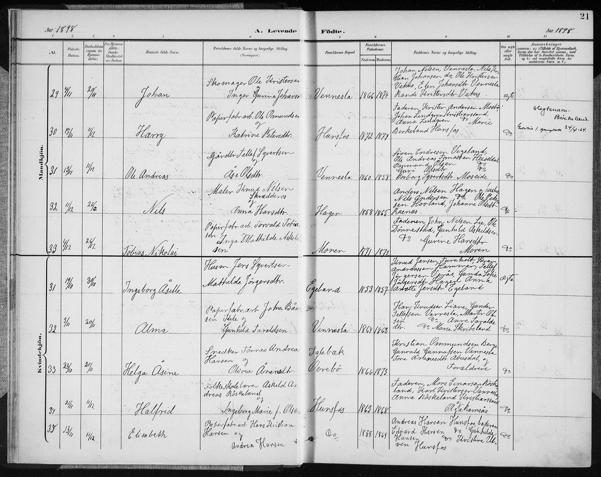 Vennesla sokneprestkontor, AV/SAK-1111-0045/Fa/Fab/L0005: Parish register (official) no. A 5, 1897-1909, p. 21