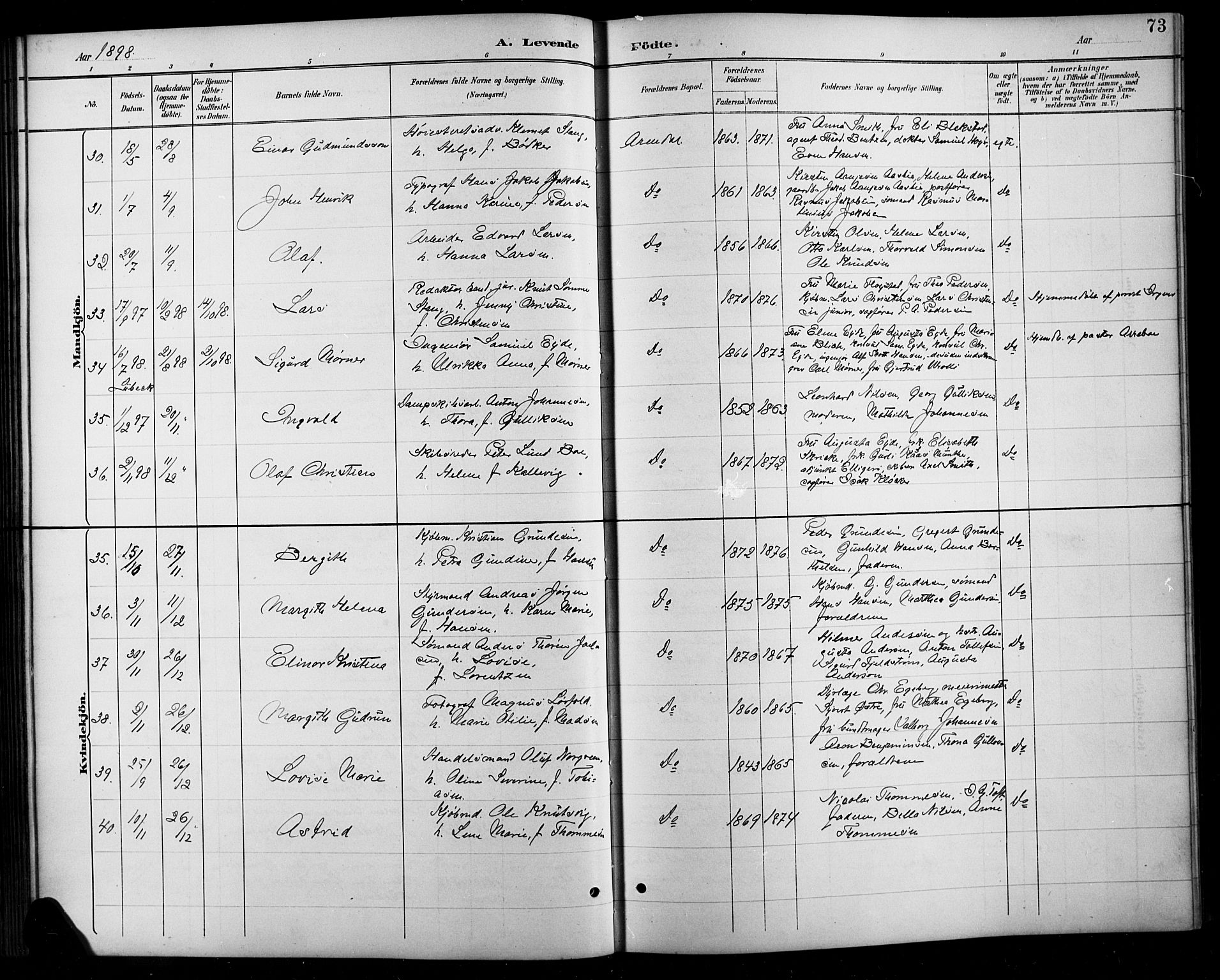 Arendal sokneprestkontor, Trefoldighet, SAK/1111-0040/F/Fb/L0006: Parish register (copy) no. B 6, 1889-1916, p. 73
