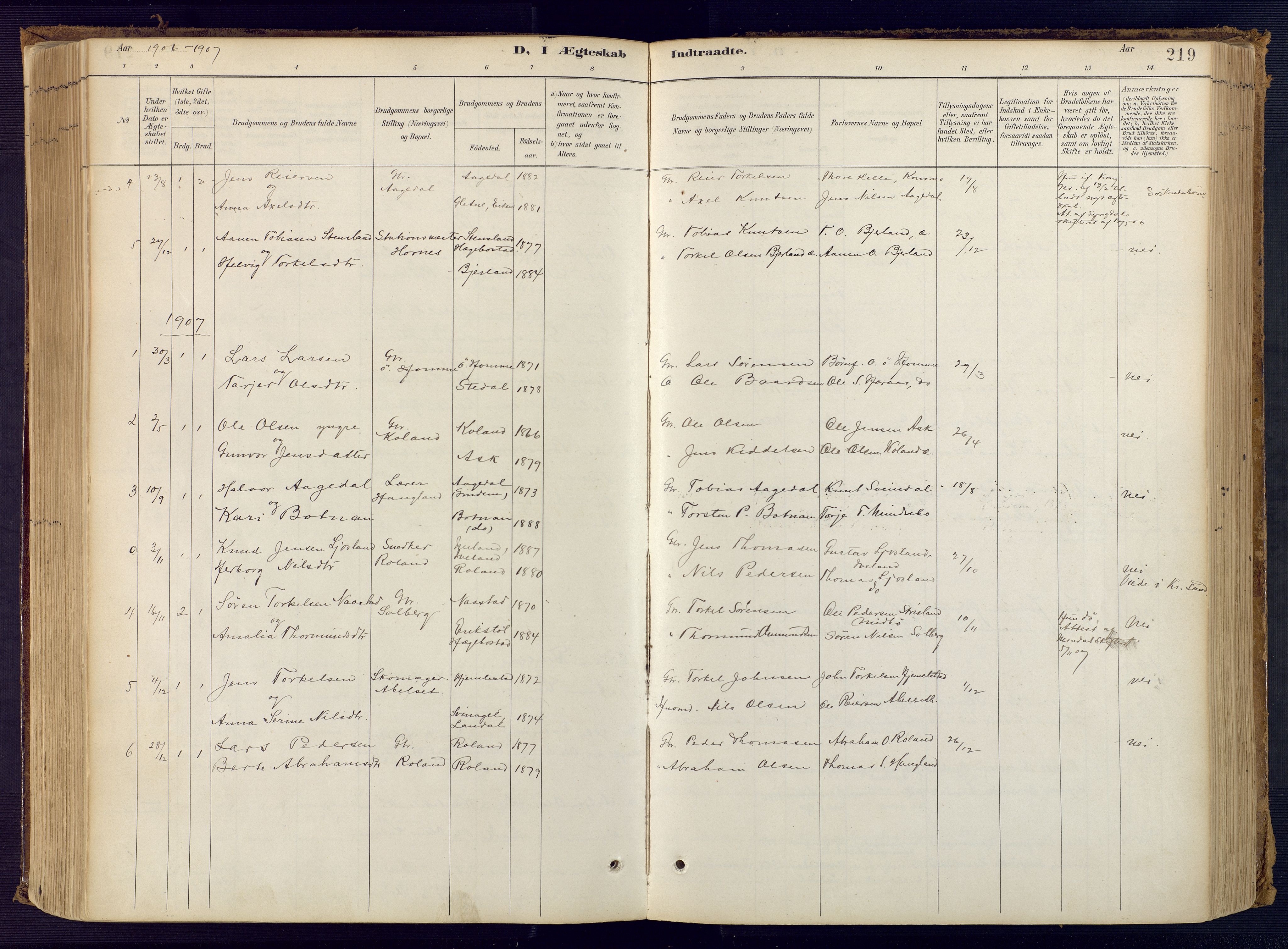 Bjelland sokneprestkontor, AV/SAK-1111-0005/F/Fa/Faa/L0004: Parish register (official) no. A 4, 1887-1923, p. 219