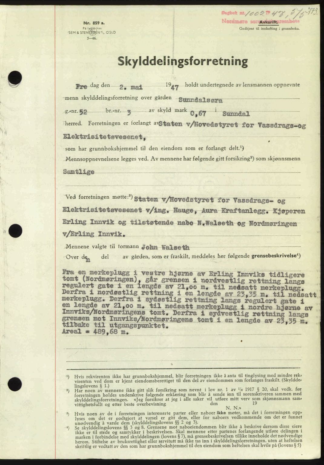 Nordmøre sorenskriveri, AV/SAT-A-4132/1/2/2Ca: Mortgage book no. A104, 1947-1947, Diary no: : 1002/1947