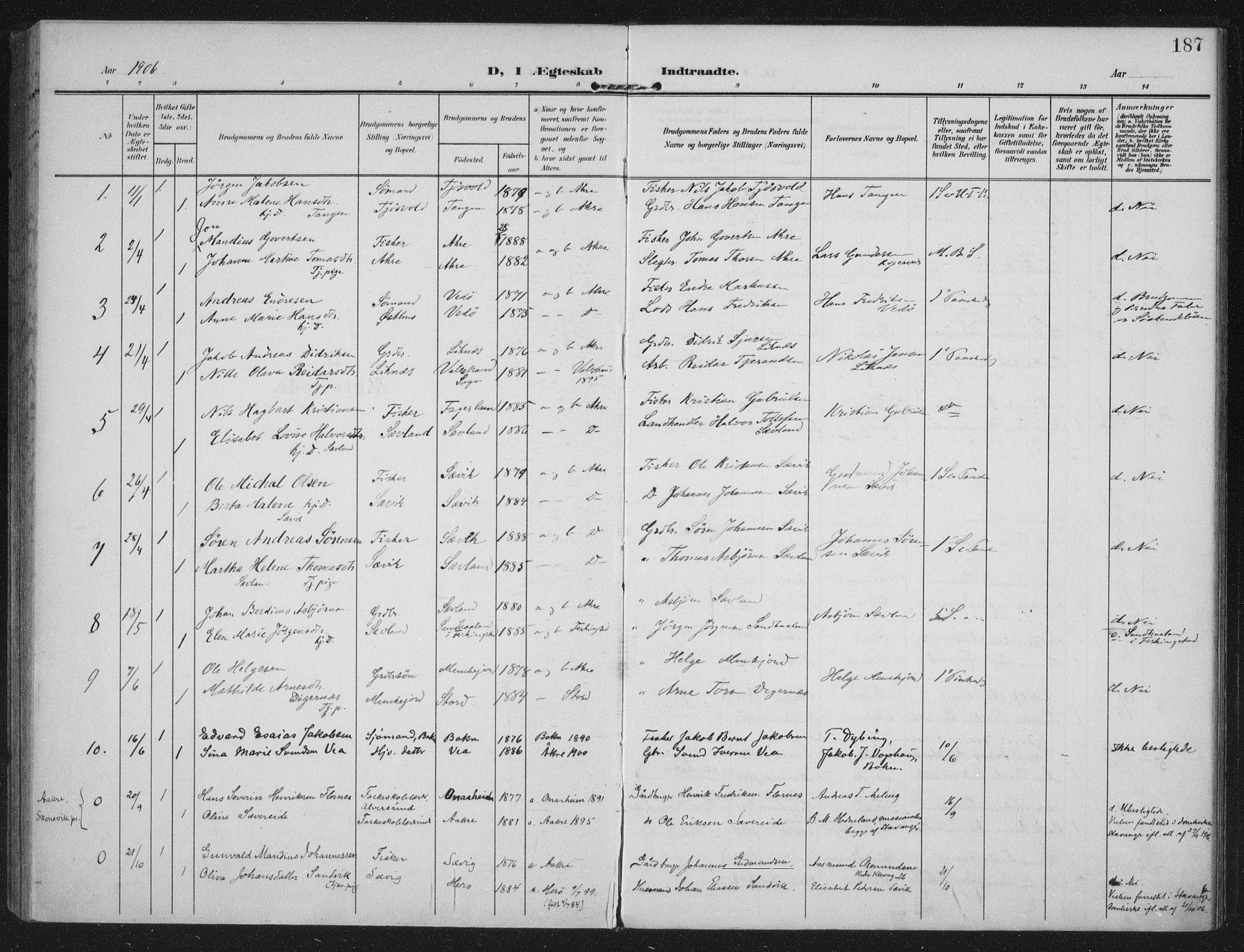 Kopervik sokneprestkontor, SAST/A-101850/H/Ha/Haa/L0005: Parish register (official) no. A 5, 1906-1924, p. 187