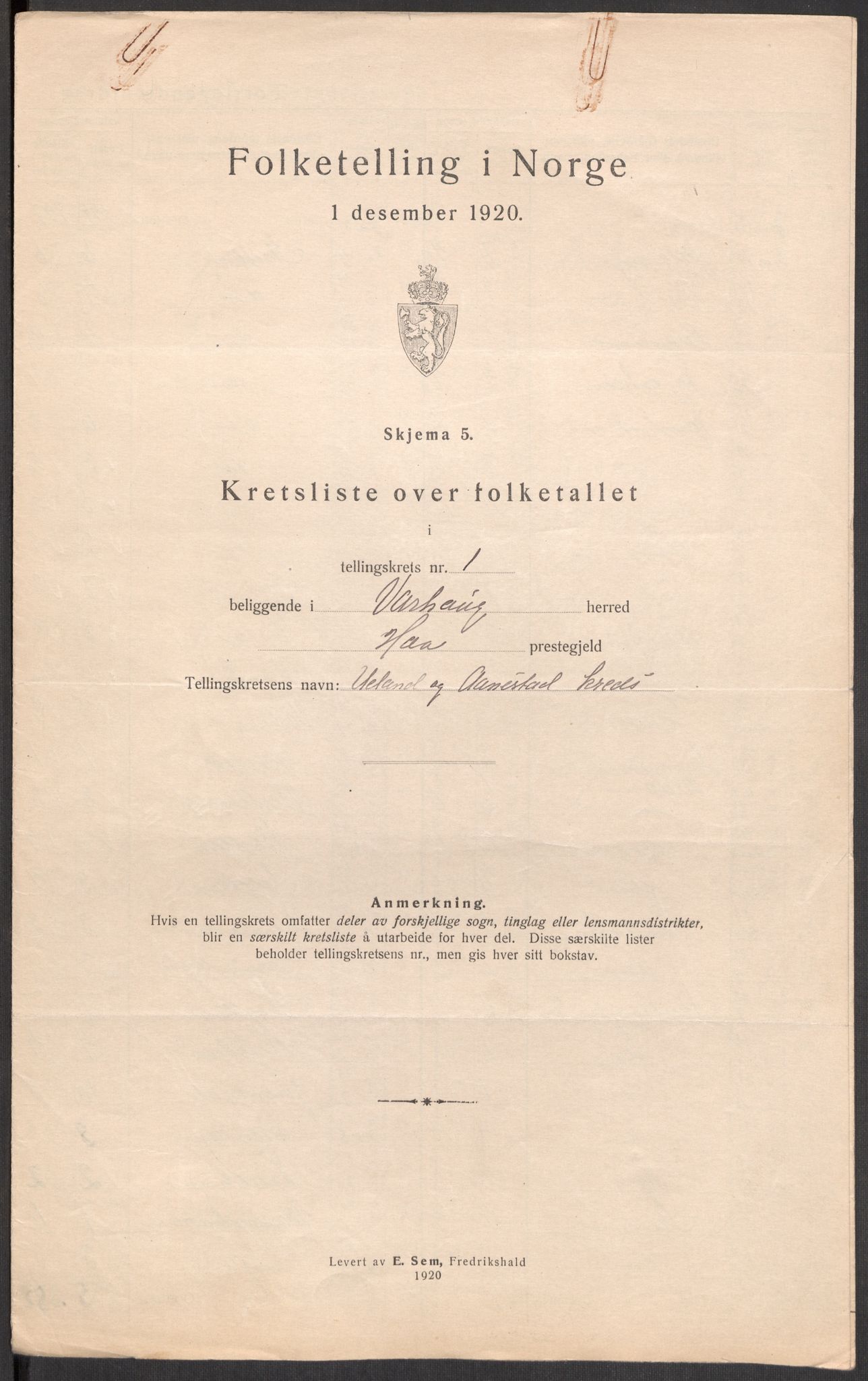 SAST, 1920 census for Varhaug, 1920, p. 7