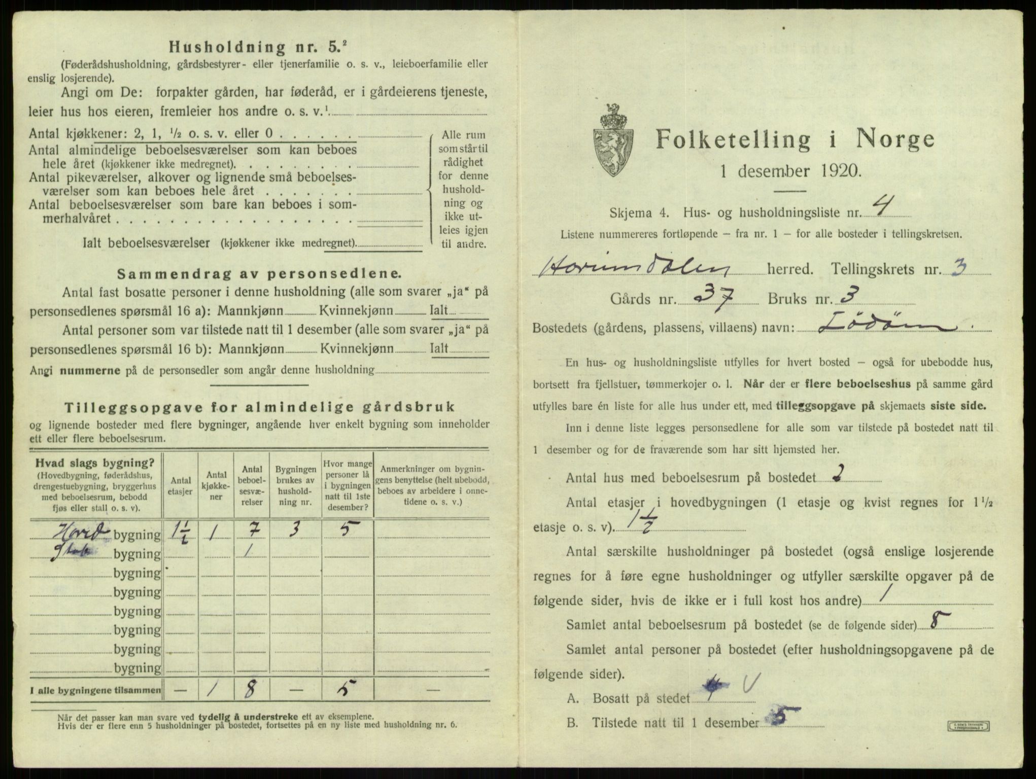 SAB, 1920 census for Hornindal, 1920, p. 109