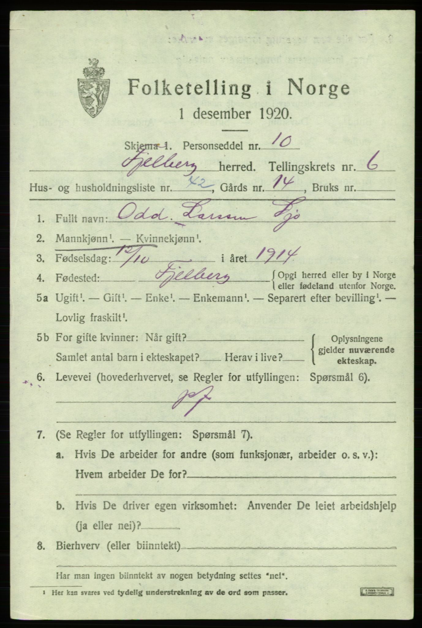 SAB, 1920 census for Fjelberg, 1920, p. 2735