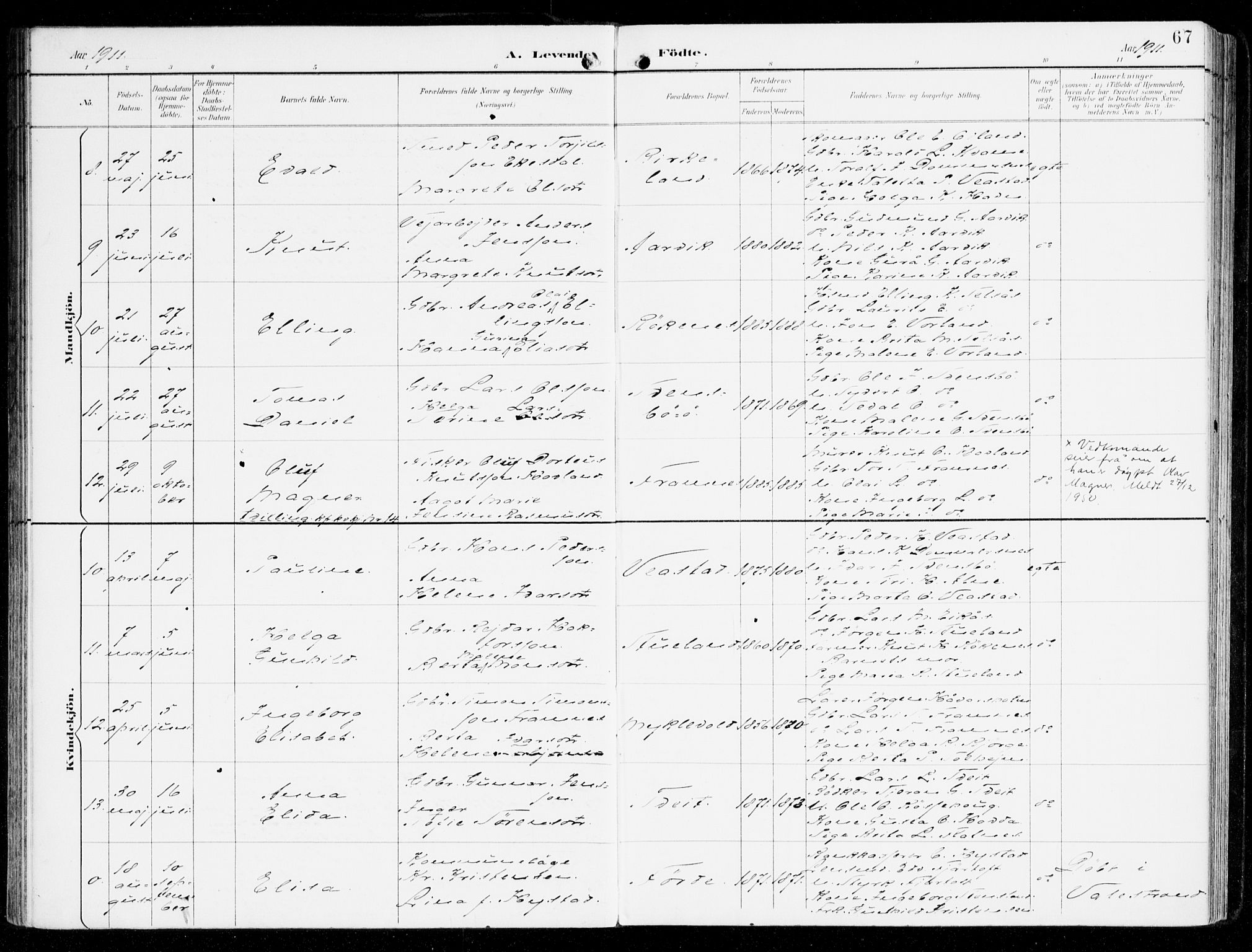 Sveio Sokneprestembete, SAB/A-78501/H/Haa: Parish register (official) no. D 2, 1894-1916, p. 67