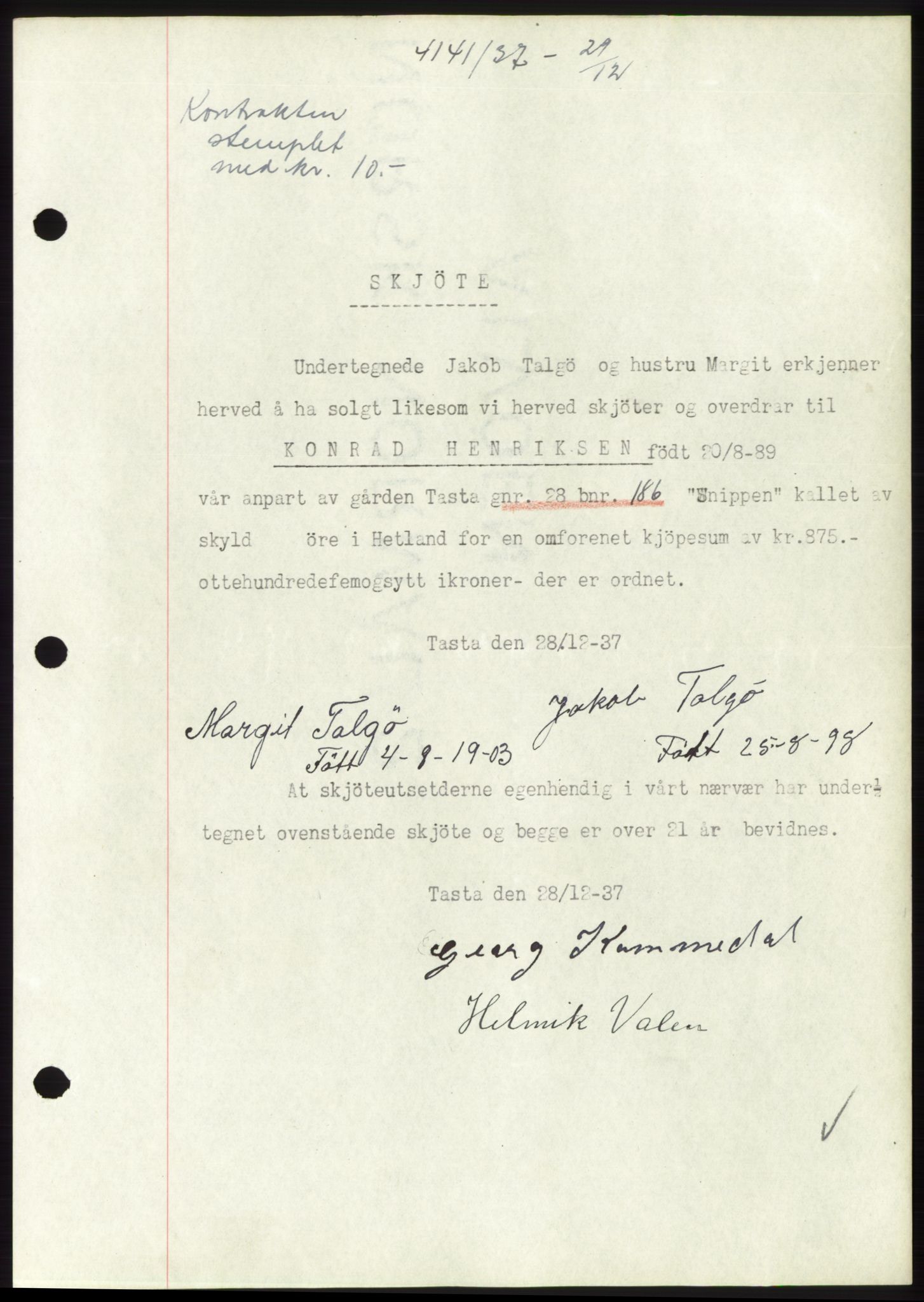 Jæren sorenskriveri, SAST/A-100310/03/G/Gba/L0069: Mortgage book, 1937-1937, Diary no: : 4141/1937