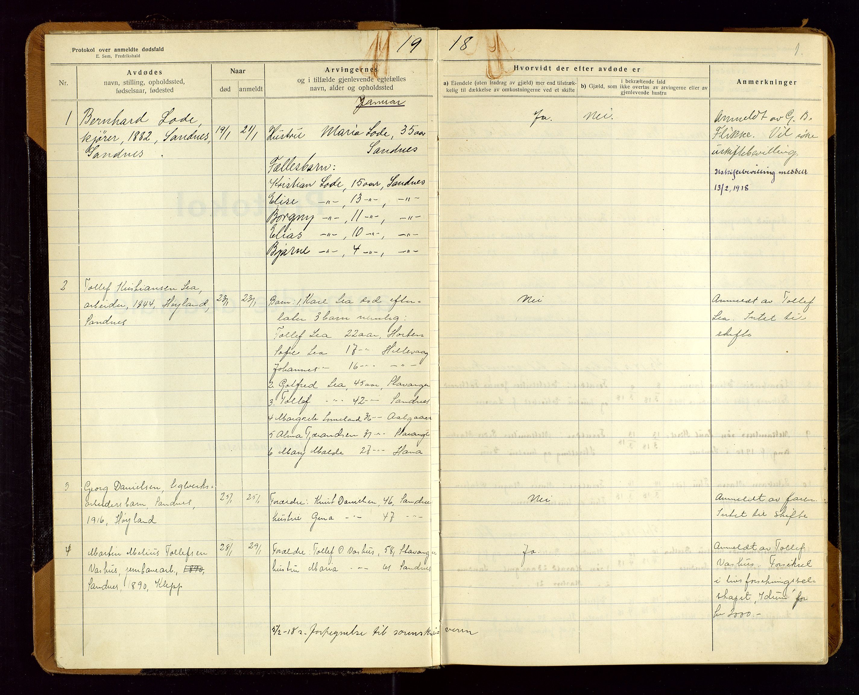 Sandnes lensmannskontor, SAST/A-100167/Gga/L0001: "Protokol over anmeldte dødsfald" m/register, 1918-1940, p. 1