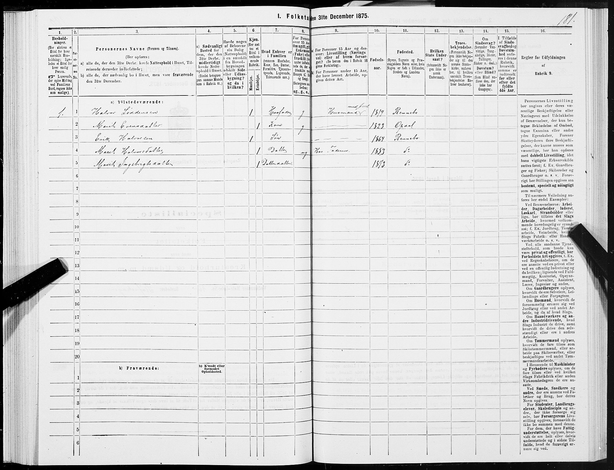 SAT, 1875 census for 1635P Rennebu, 1875, p. 1181