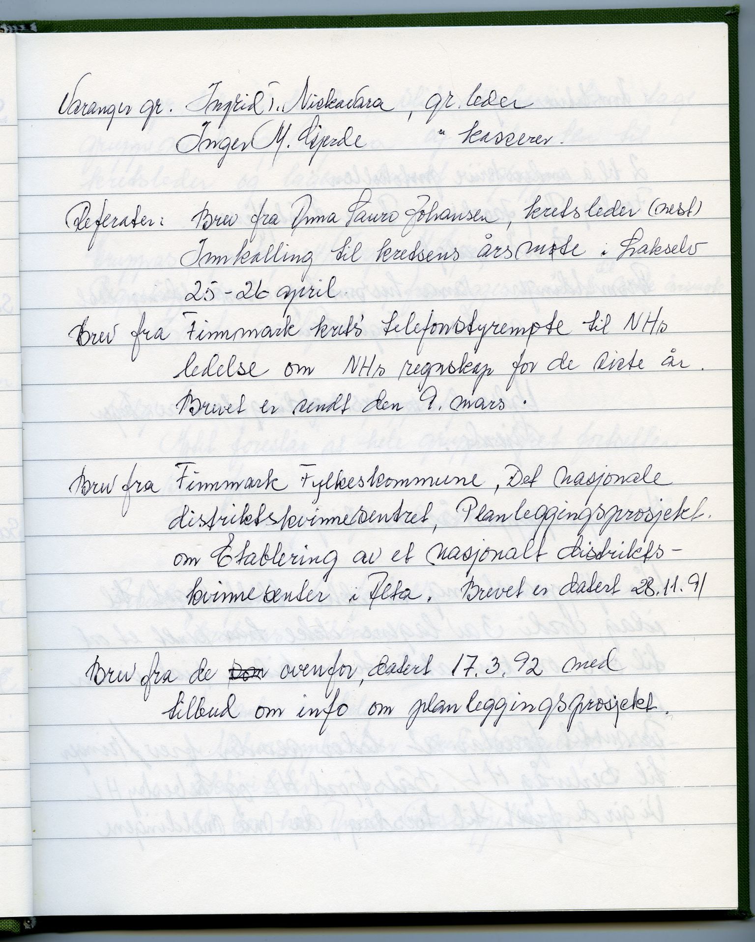 Finnmark krets av Norges Kvinne- og familieforbund, FMFB/A-1233/A/Ac/L0014: Protokoll for gruppemøte Ishavsgruppen 1990-1994, 1990-1994