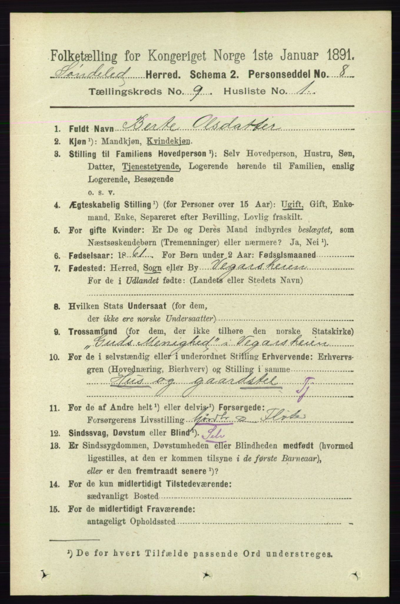 RA, 1891 census for 0913 Søndeled, 1891, p. 2869