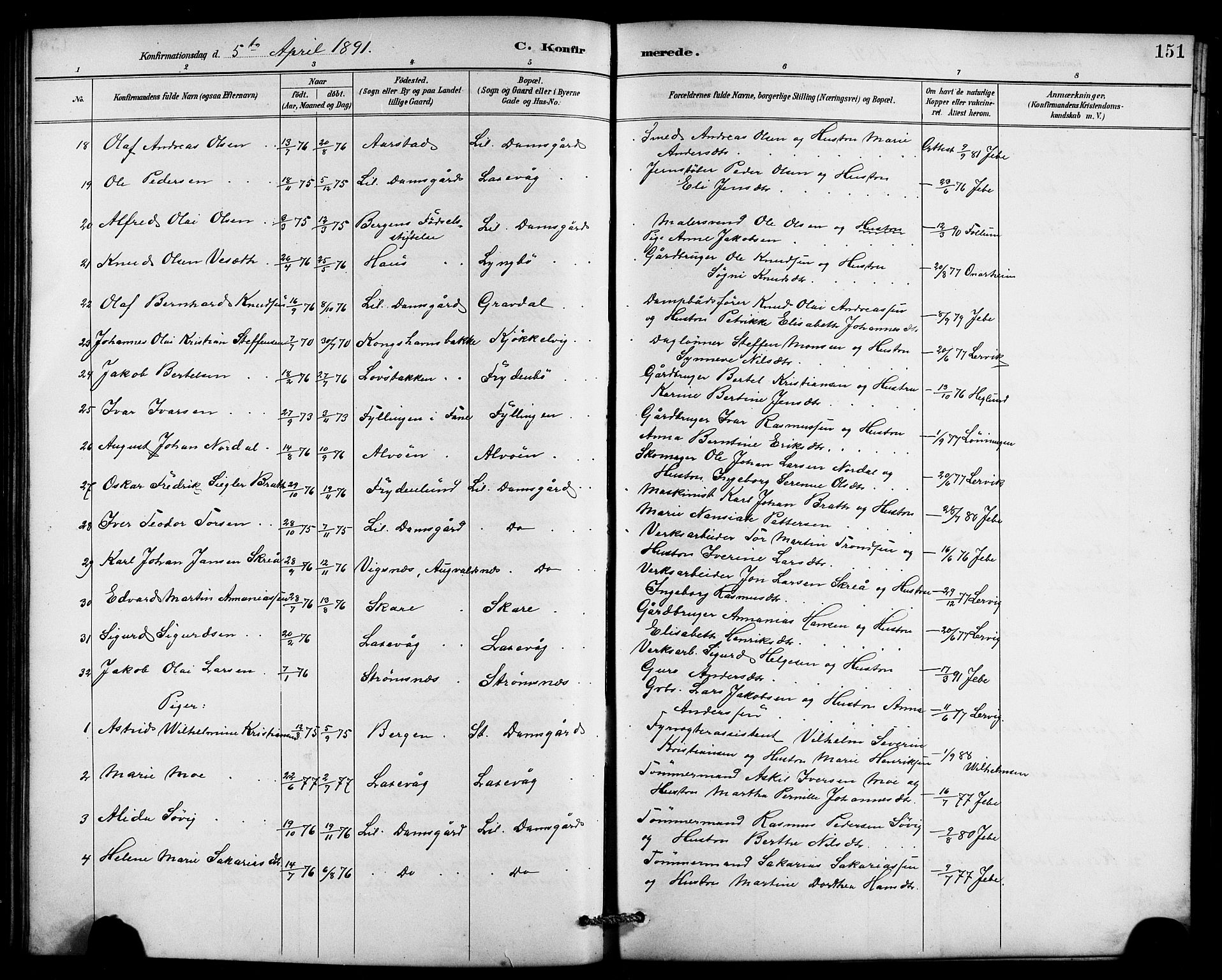 Laksevåg Sokneprestembete, AV/SAB-A-76501/H/Ha/Hab/Haba/L0003: Parish register (copy) no. A 3, 1887-1899, p. 151