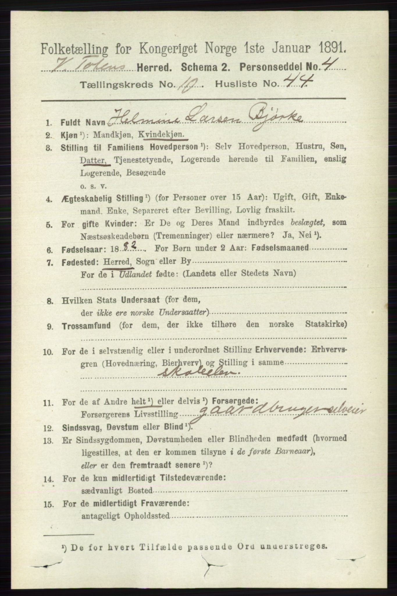 RA, 1891 census for 0529 Vestre Toten, 1891, p. 6457