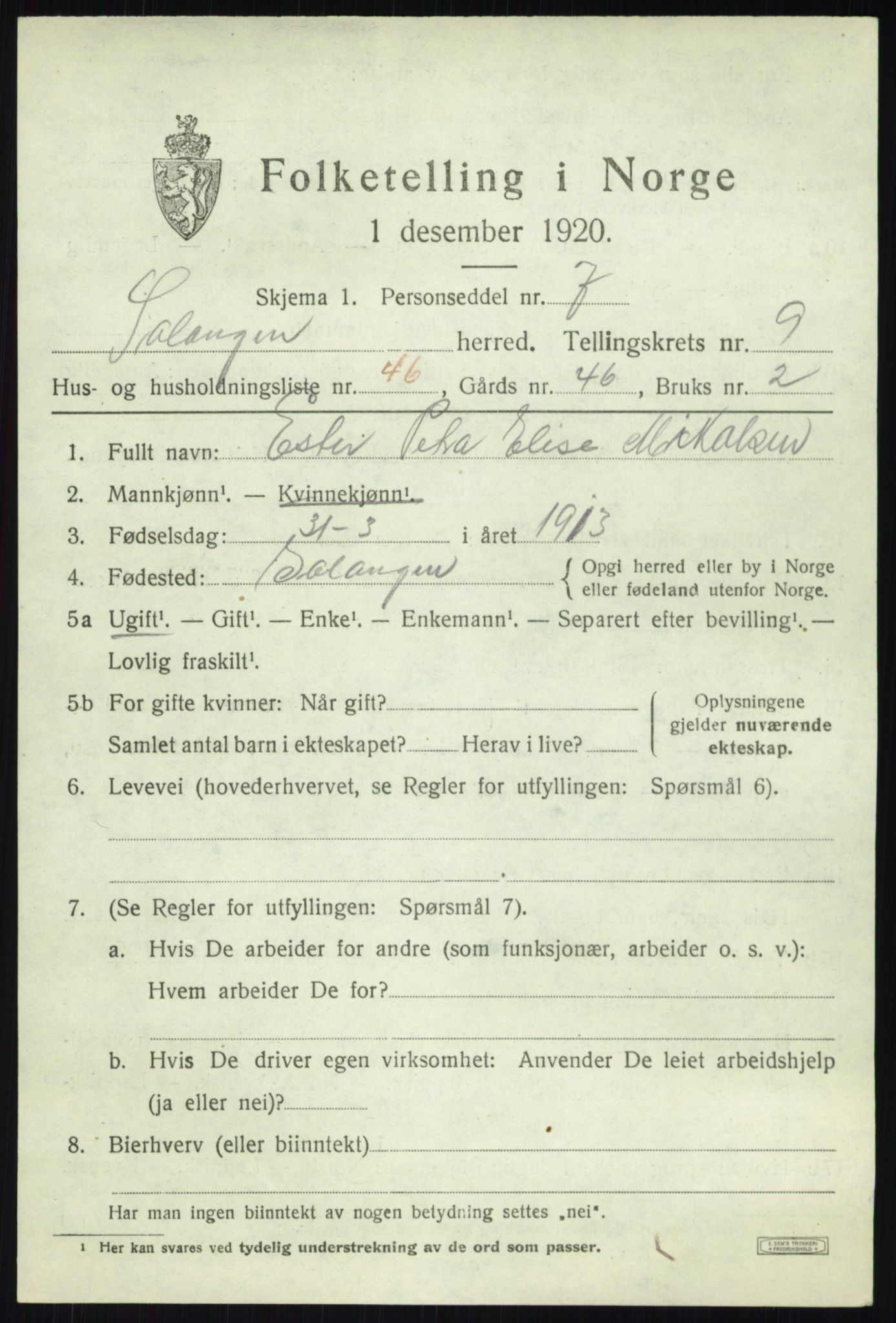 SATØ, 1920 census for Salangen, 1920, p. 6138