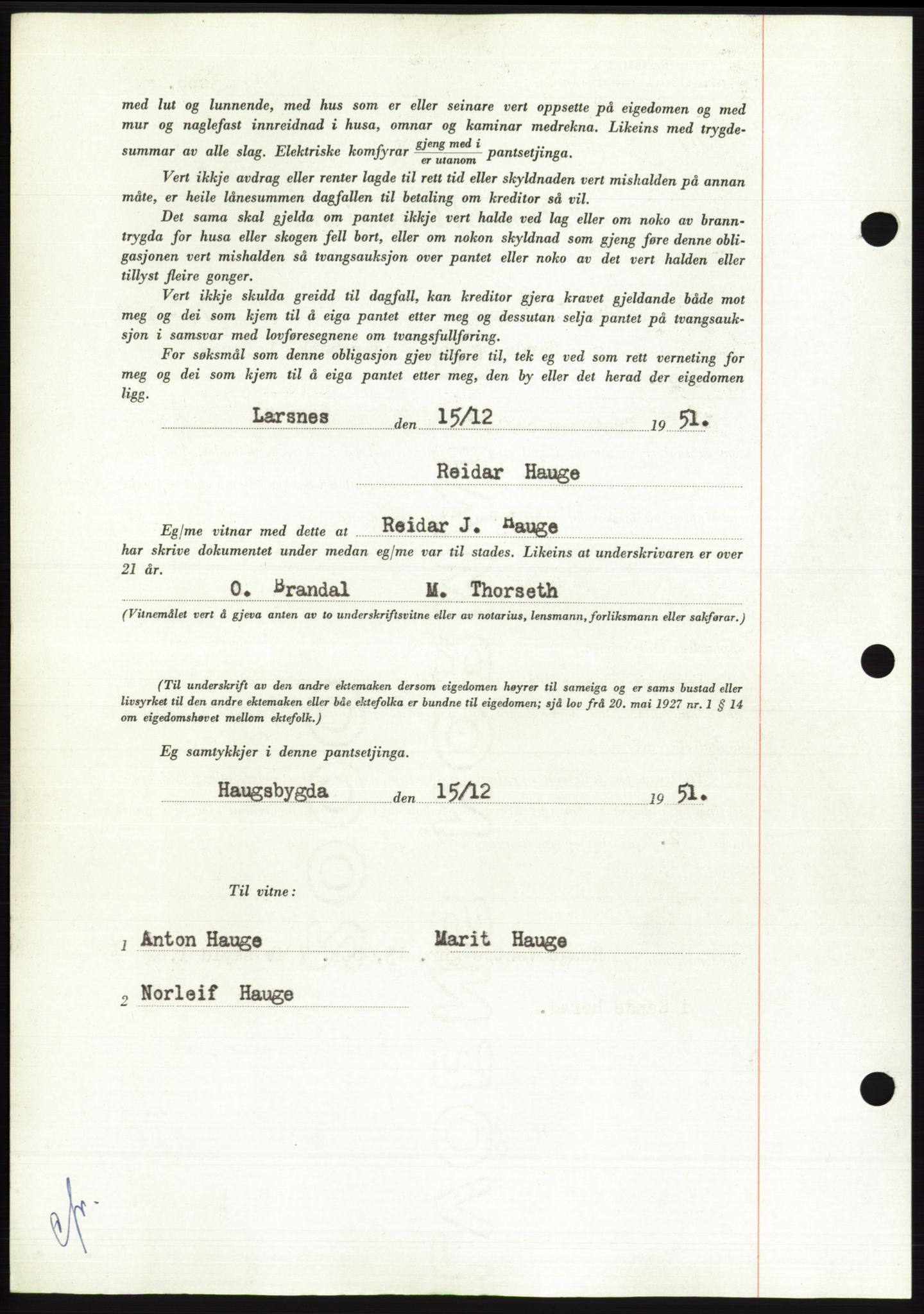 Søre Sunnmøre sorenskriveri, AV/SAT-A-4122/1/2/2C/L0121: Mortgage book no. 9B, 1951-1952, Diary no: : 2573/1951