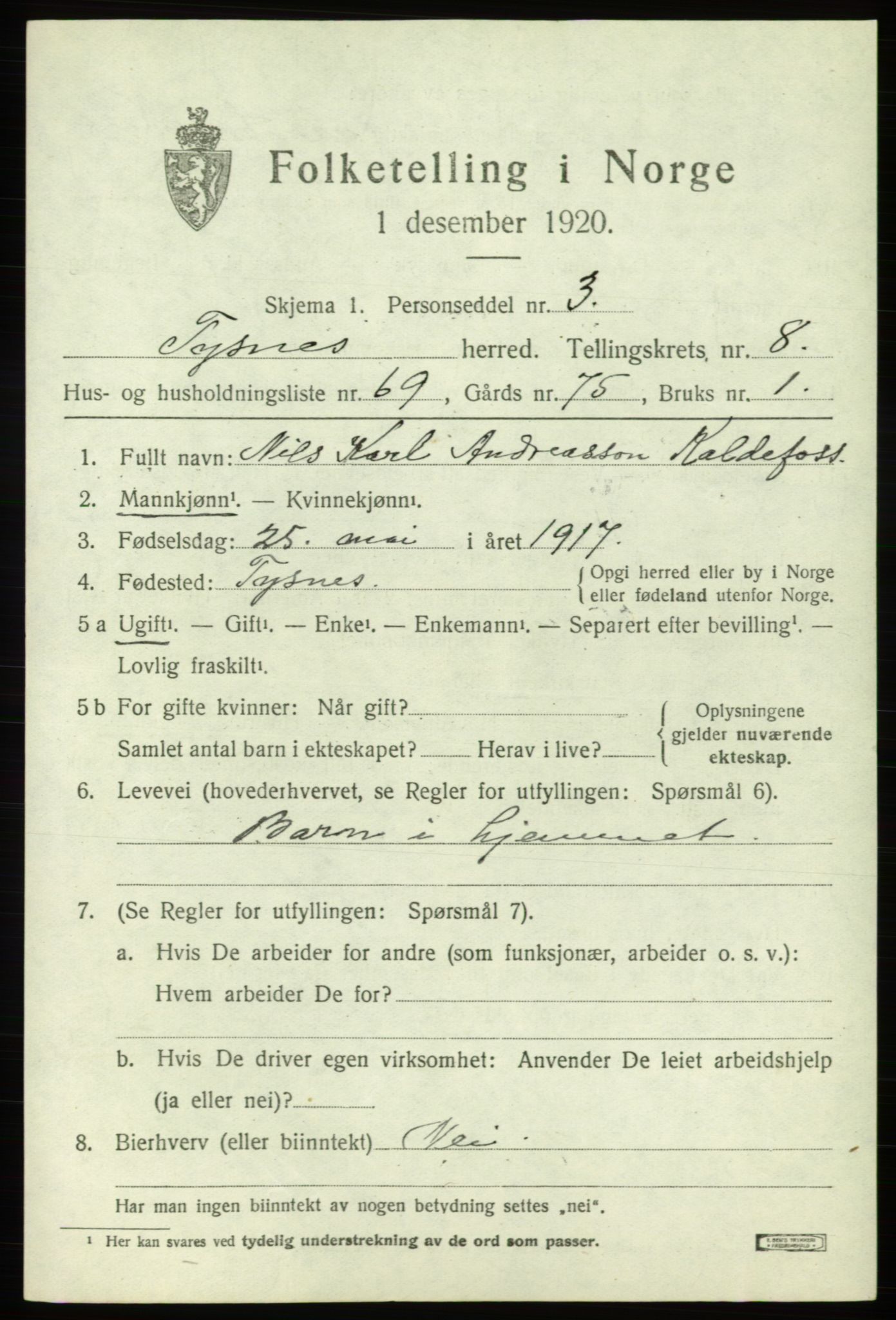 SAB, 1920 census for Tysnes, 1920, p. 6150