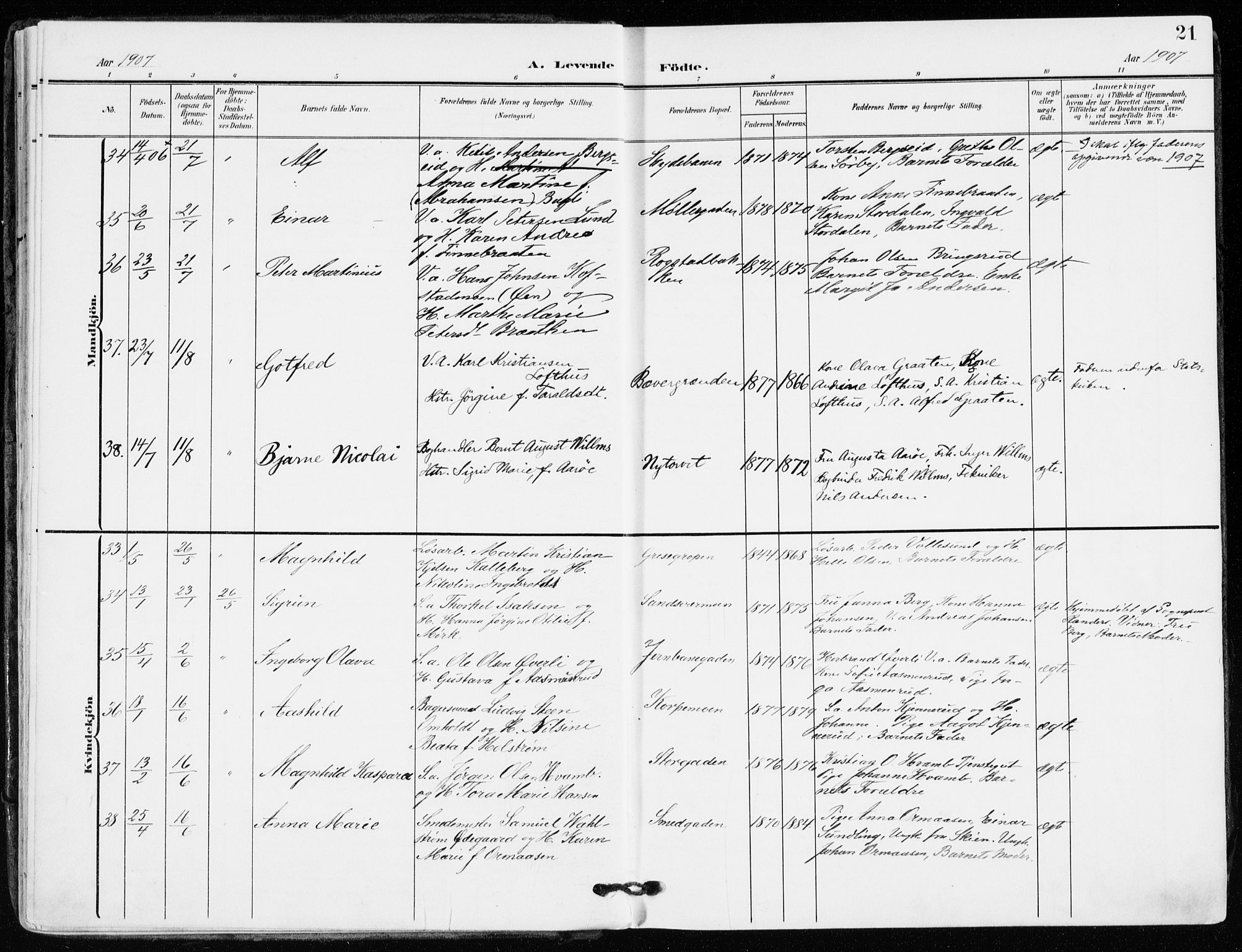 Kongsberg kirkebøker, AV/SAKO-A-22/F/Fb/L0004: Parish register (official) no. II 4, 1906-1918, p. 21