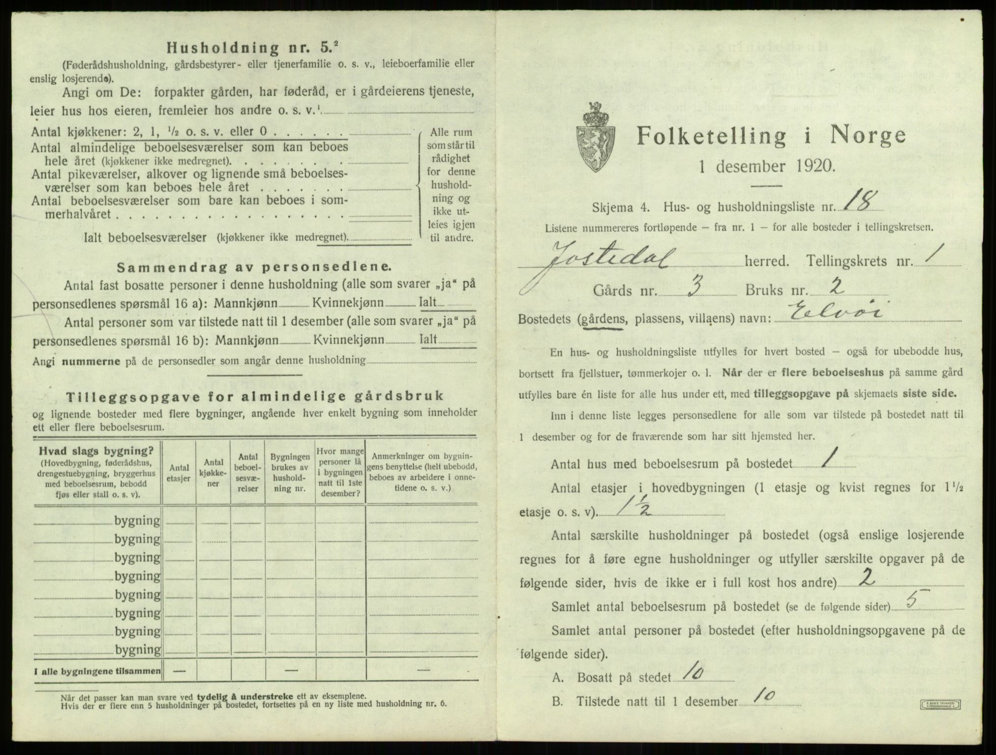 SAB, 1920 census for Jostedal, 1920, p. 54