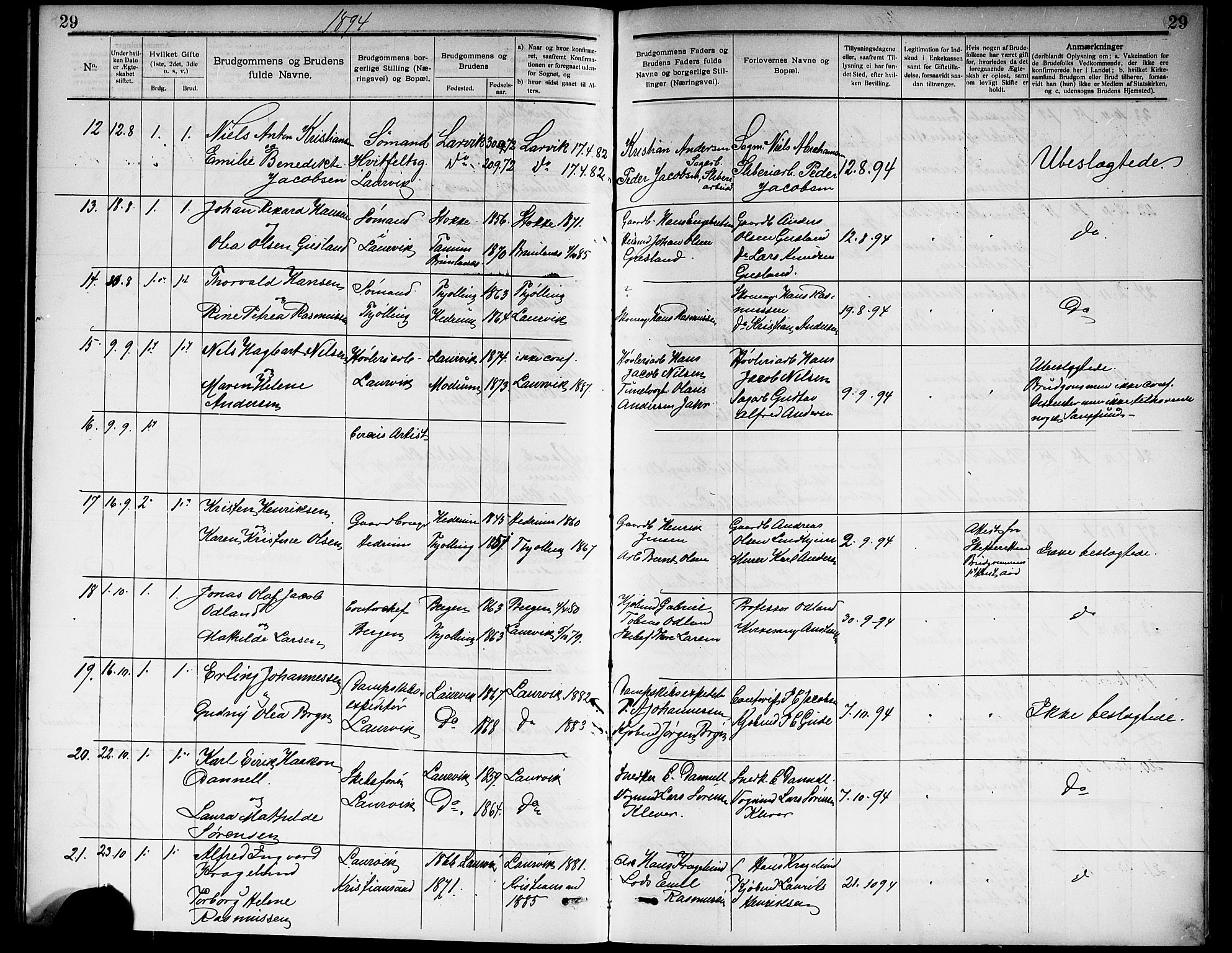 Larvik kirkebøker, SAKO/A-352/G/Ga/L0006: Parish register (copy) no. I 6, 1888-1917, p. 29