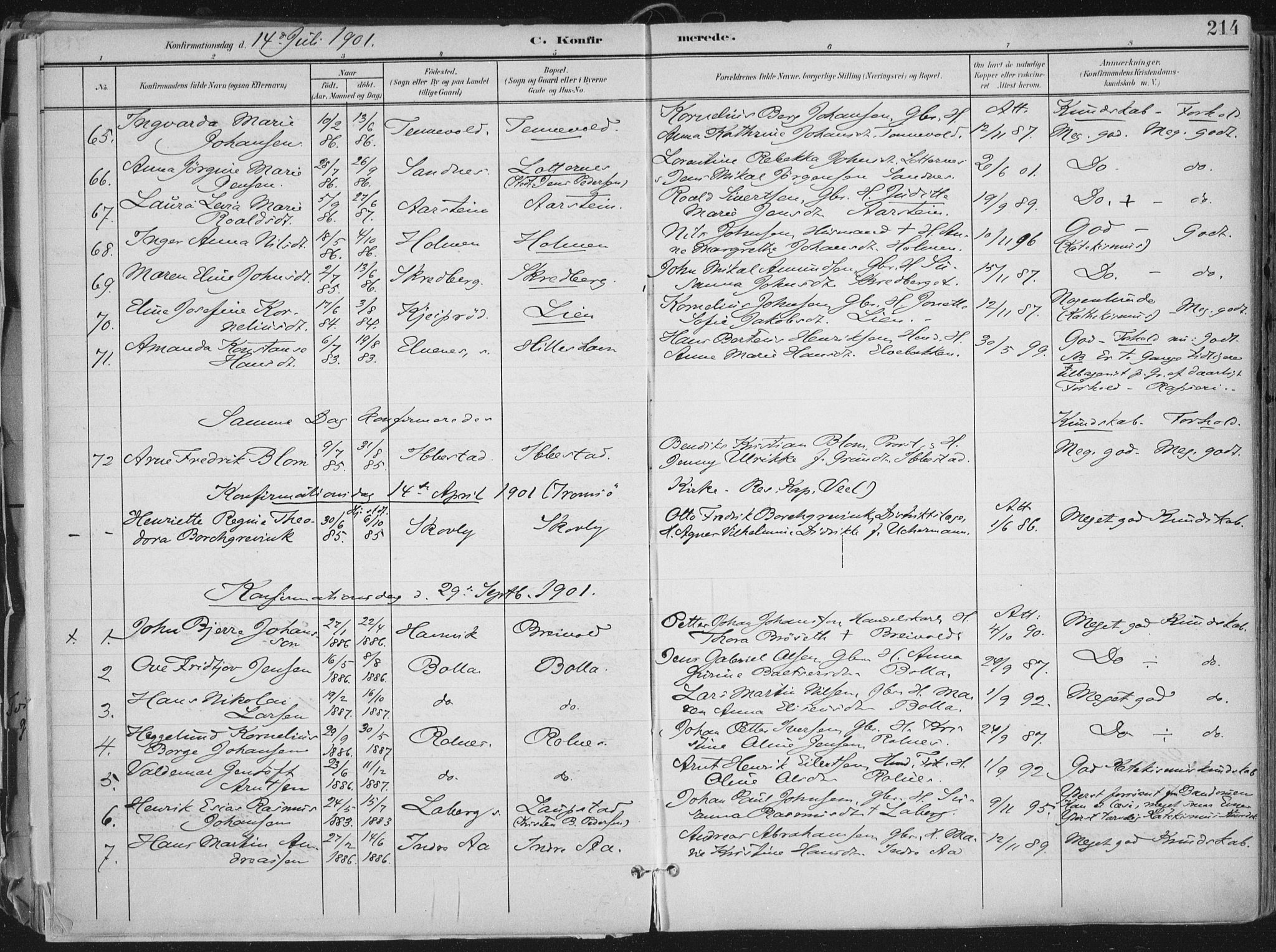 Ibestad sokneprestembete, AV/SATØ-S-0077/H/Ha/Haa/L0017kirke: Parish register (official) no. 17, 1901-1914, p. 214