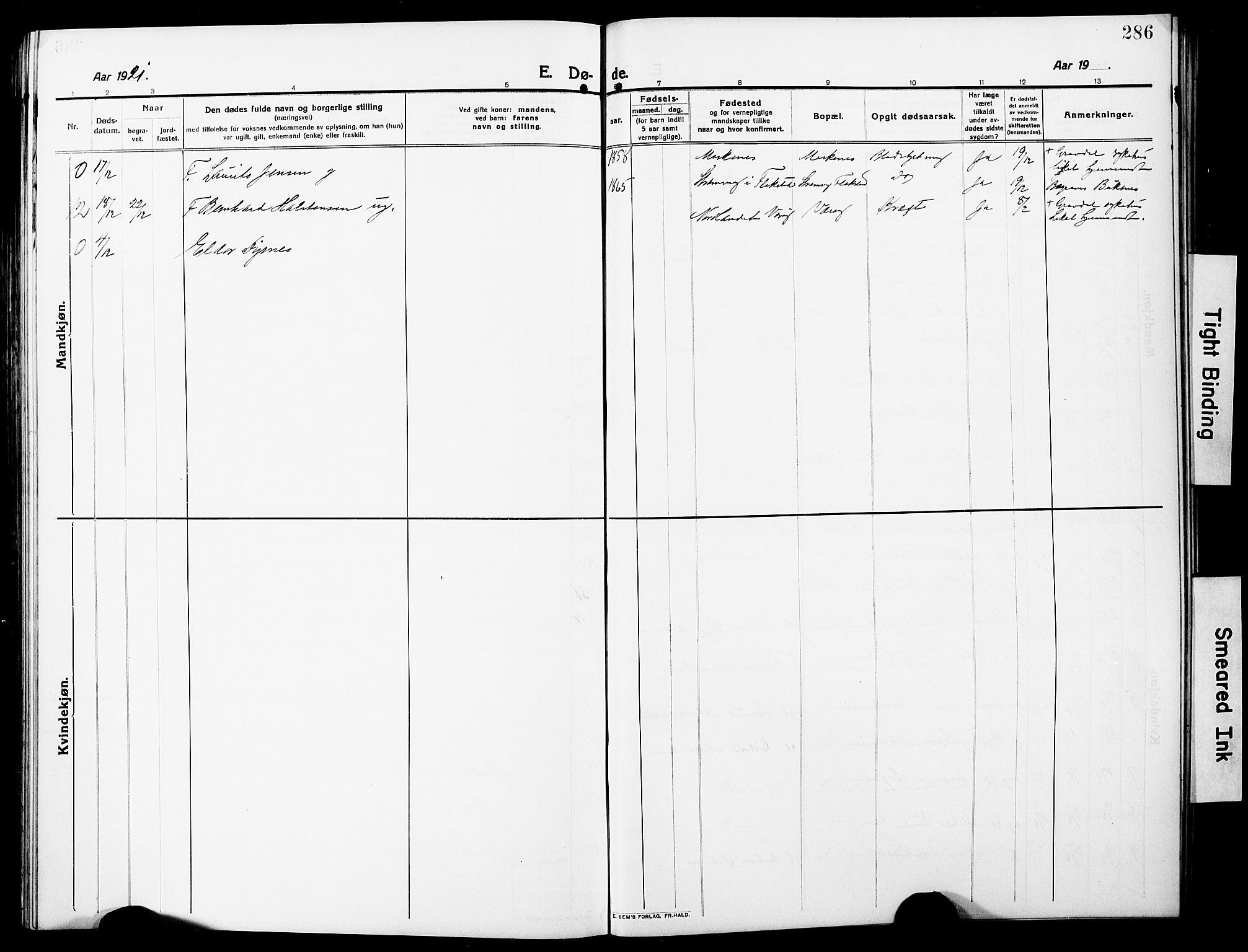 Ministerialprotokoller, klokkerbøker og fødselsregistre - Nordland, AV/SAT-A-1459/881/L1169: Parish register (copy) no. 881C06, 1912-1930, p. 286