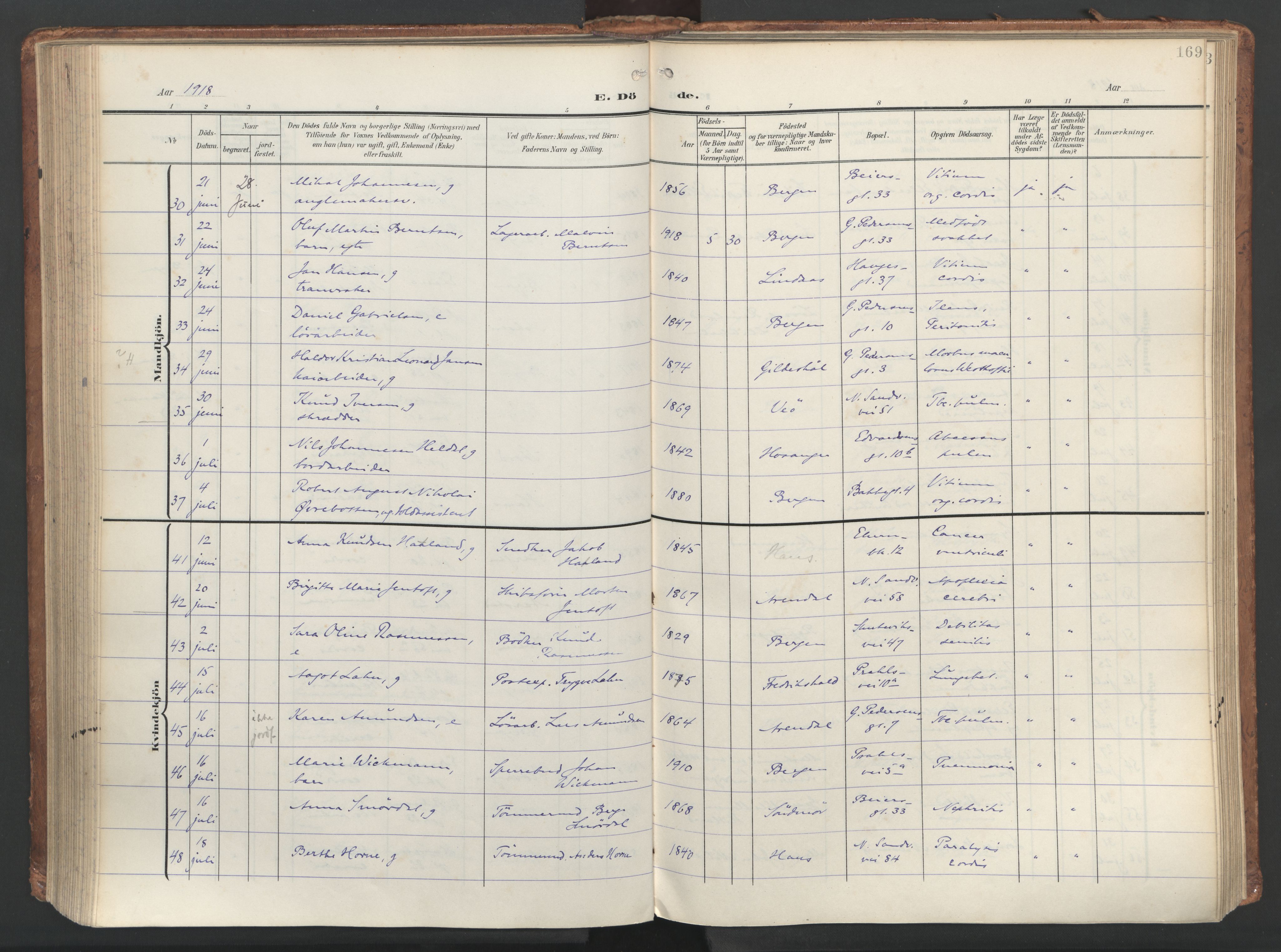 Sandviken Sokneprestembete, AV/SAB-A-77601/H/Ha/L0019: Parish register (official) no. E 2, 1905-1933, p. 169