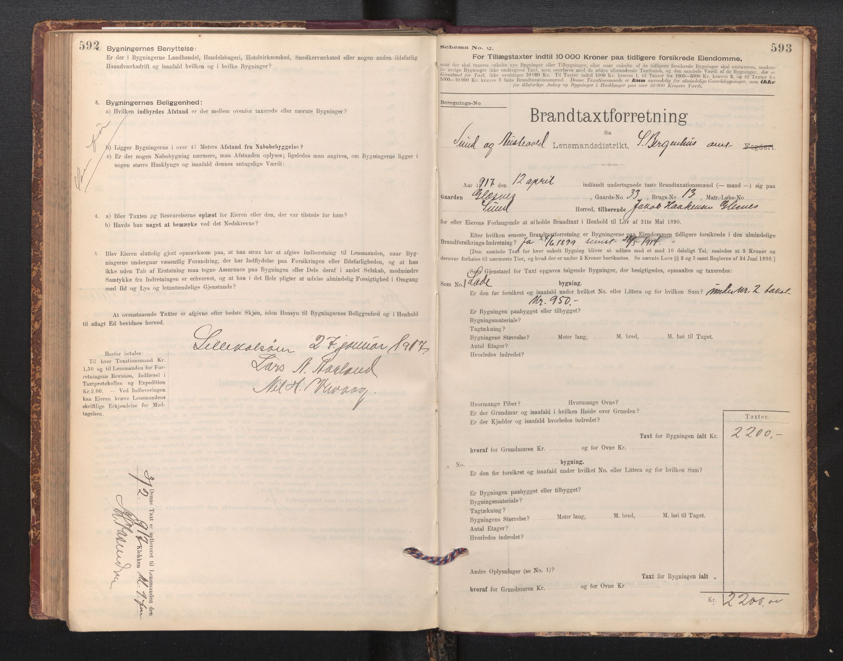 Lensmannen i Sund og Austevoll, SAB/A-35201/0012/L0003: Branntakstprotokoll, skjematakst, 1894-1917, p. 592-593