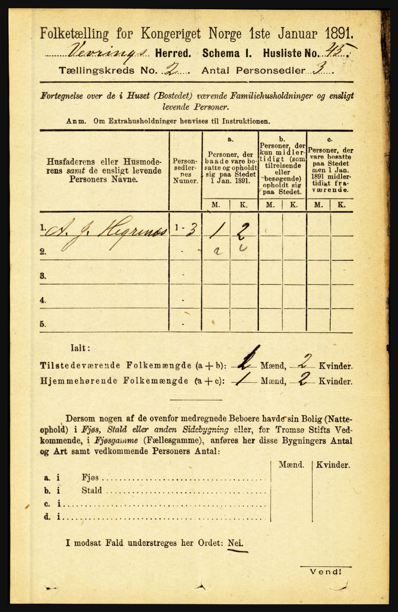 RA, 1891 census for 1434 Vevring, 1891, p. 415