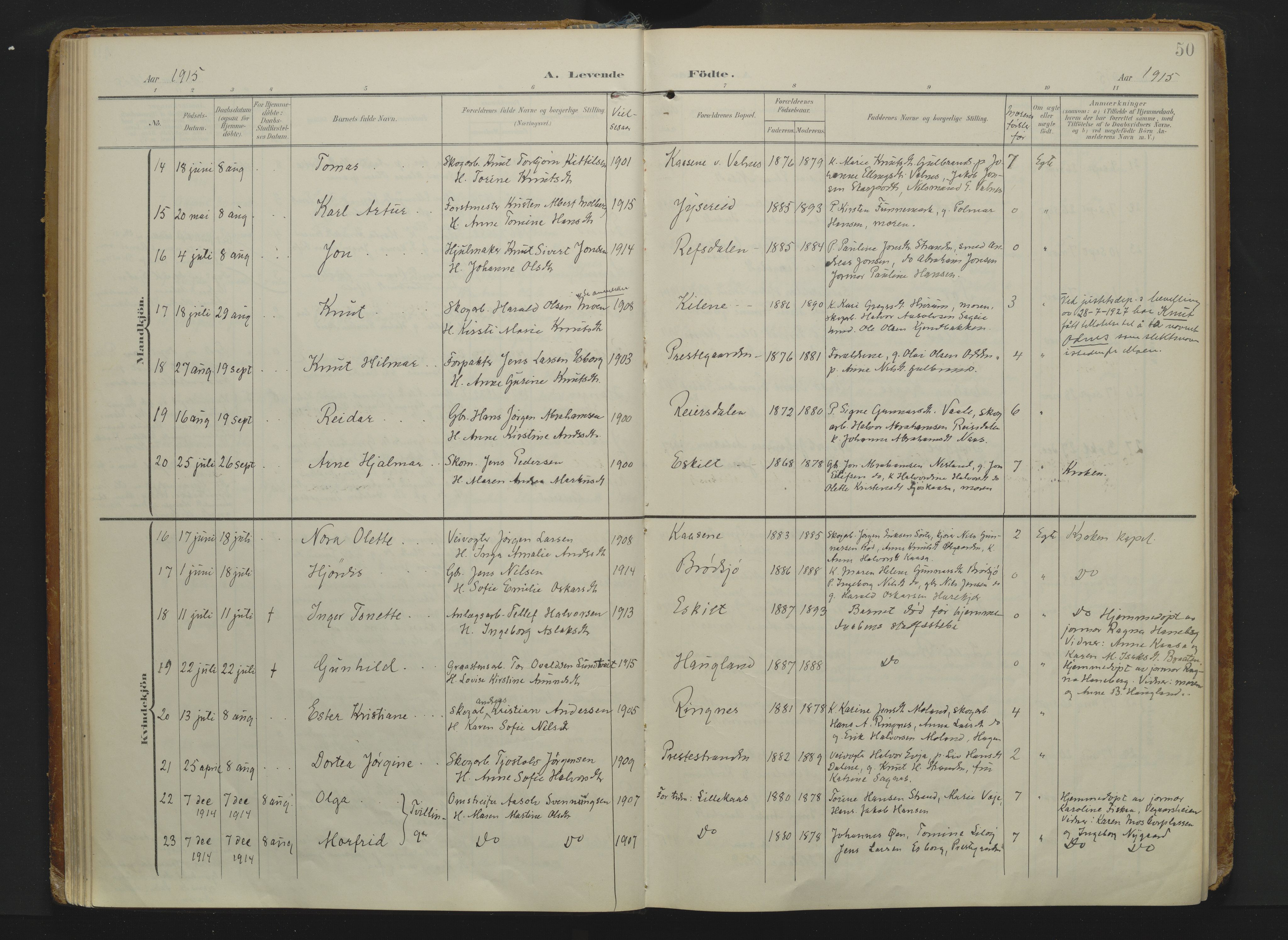 Drangedal kirkebøker, AV/SAKO-A-258/F/Fa/L0014: Parish register (official) no. 14, 1906-1920, p. 50