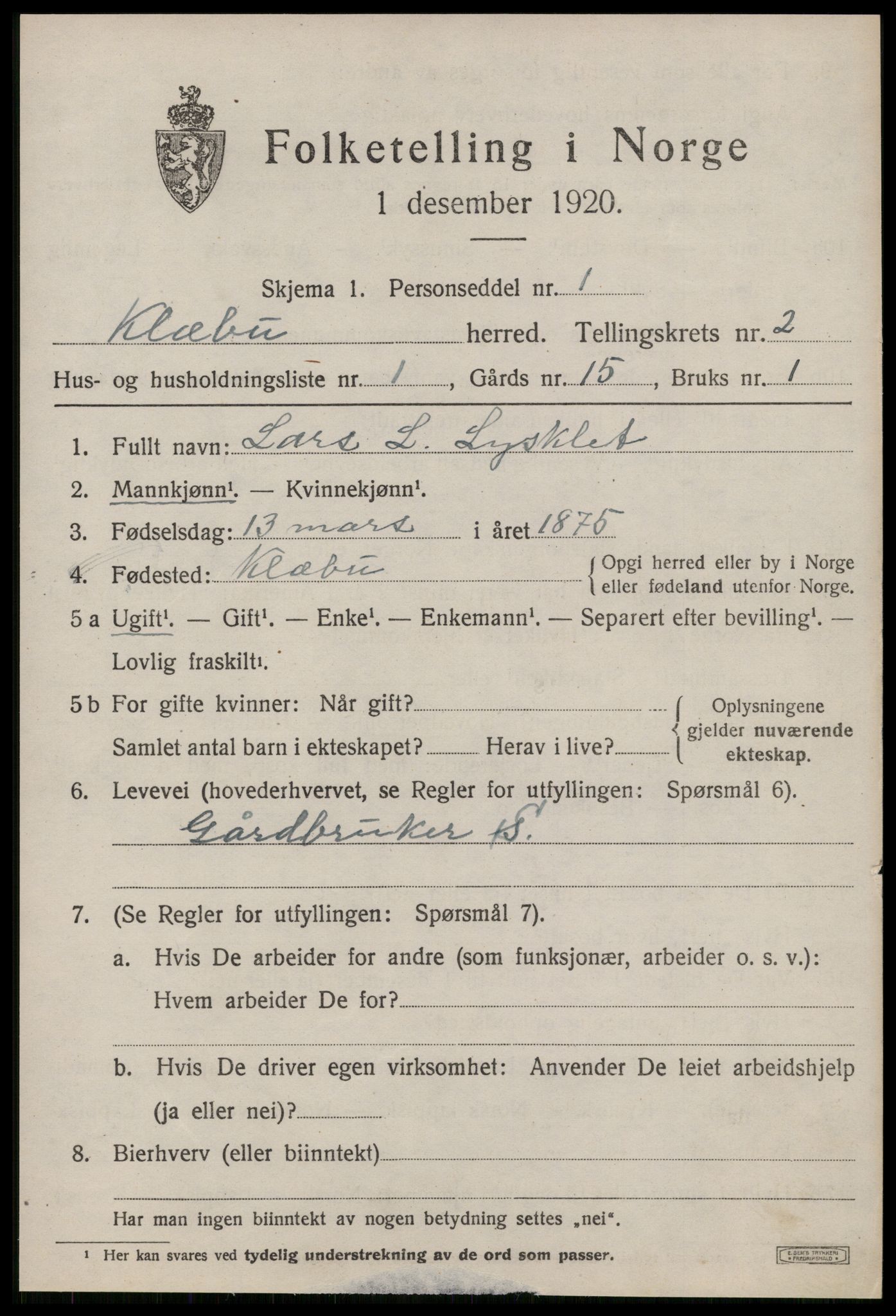 SAT, 1920 census for Klæbu, 1920, p. 902