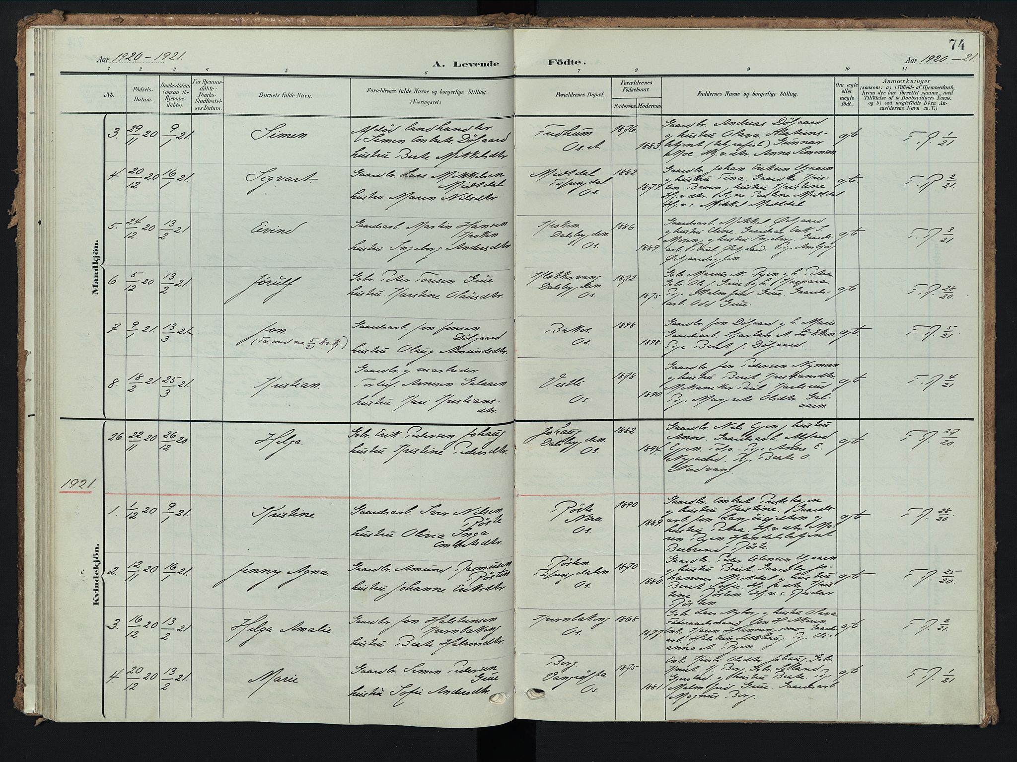 Tolga prestekontor, AV/SAH-PREST-062/K/L0009: Parish register (official) no. 9, 1903-1928, p. 74