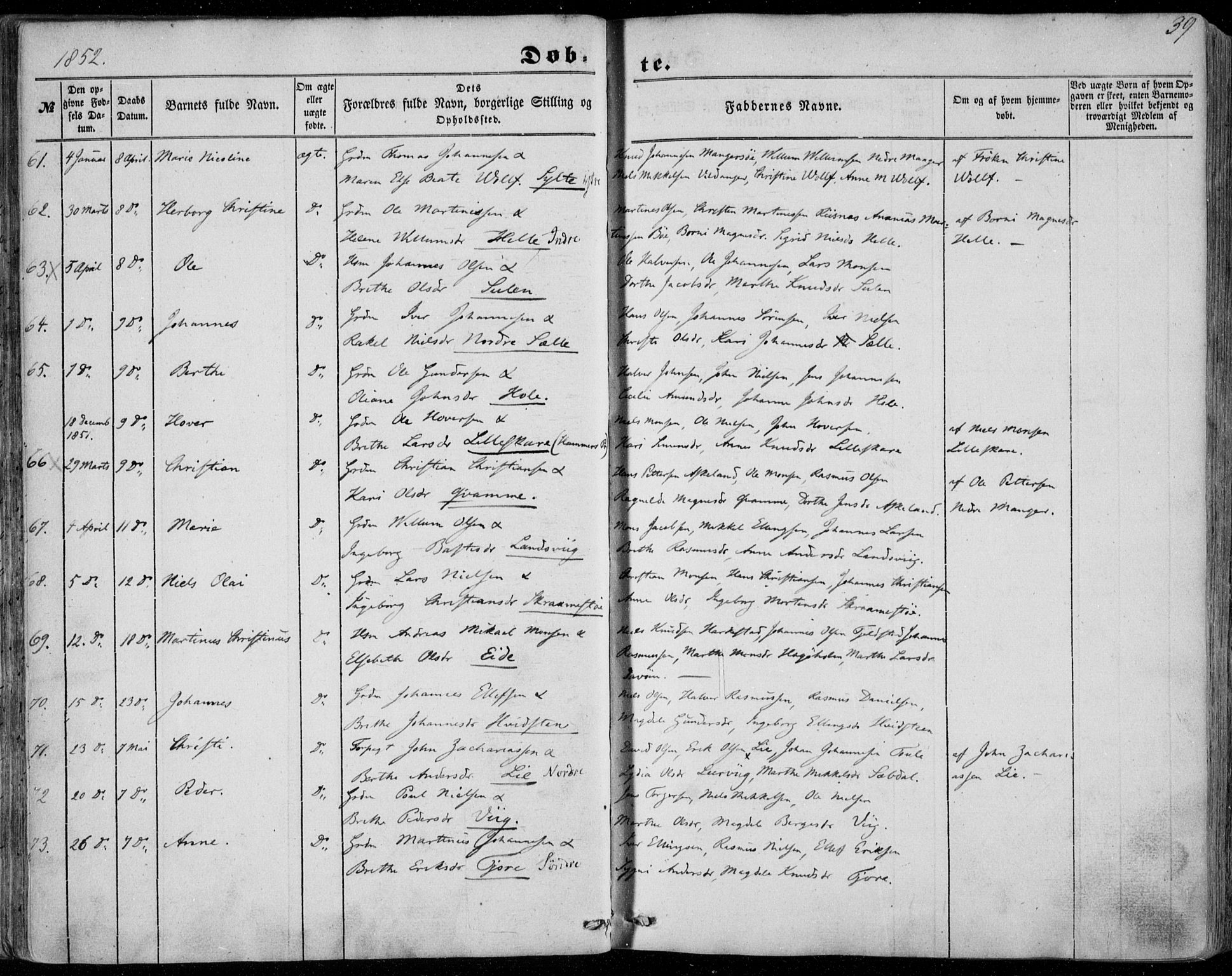 Manger sokneprestembete, AV/SAB-A-76801/H/Haa: Parish register (official) no. A 6, 1849-1859, p. 39