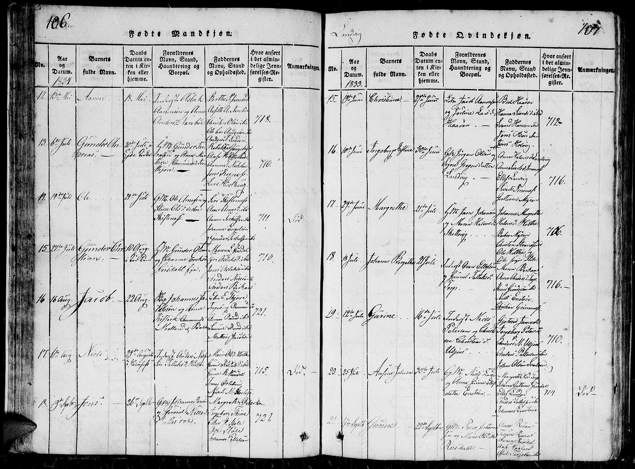 Hommedal sokneprestkontor, AV/SAK-1111-0023/F/Fb/Fbb/L0003: Parish register (copy) no. B 3 /1, 1816-1850, p. 106-107